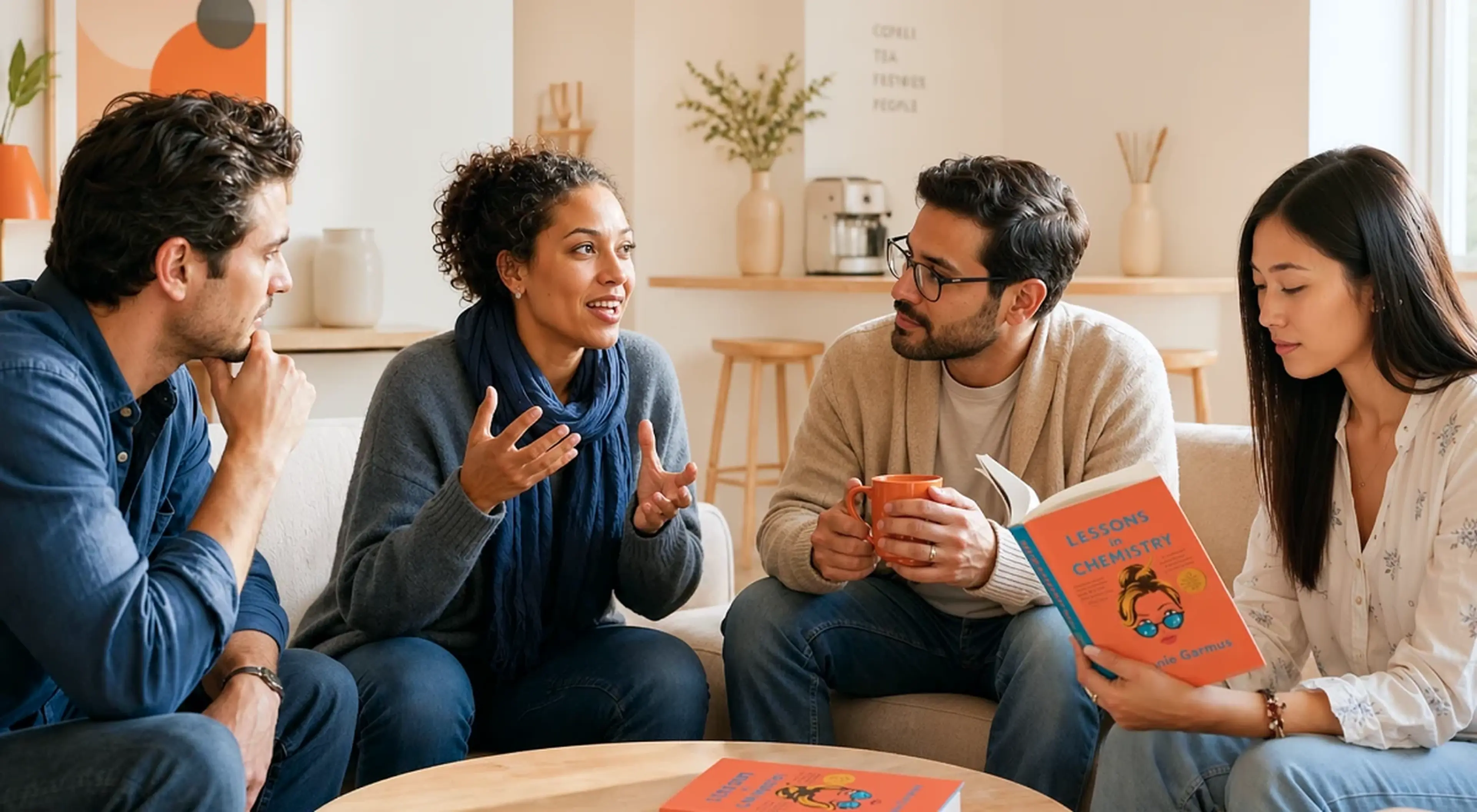 Four adults engaged in a book club discussion on a couch, with a man holding Lessons in Chemistry book and a coffee mug, in a cozy modern living room