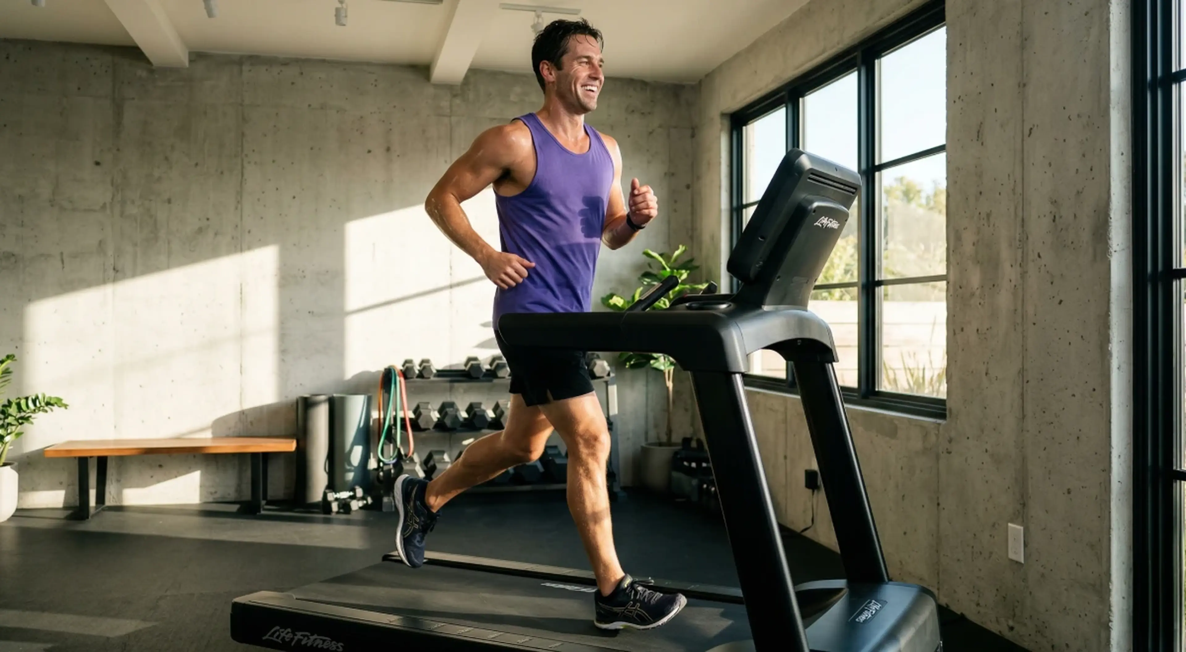 Smiling man in a purple tank top running on a treadmill in a modern gym with concrete walls, a dumbbell rack, and large windows — illustrating millionaire habits through daily fitness