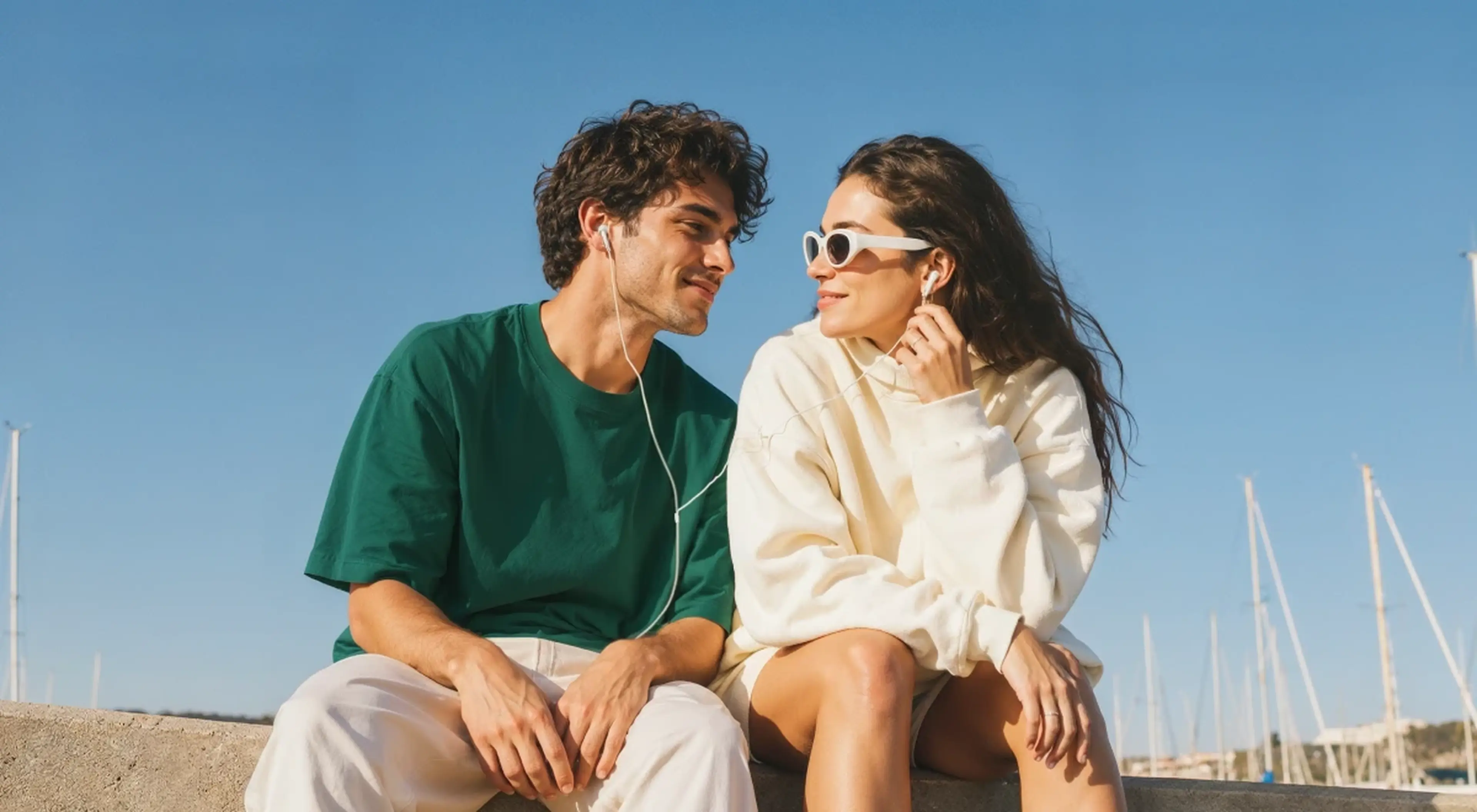Young couple sitting outdoors sharing earphones and smiling at each other, man in a green t-shirt and woman in a cream hoodie with white sunglasses, with sailboats and blue sky in the background