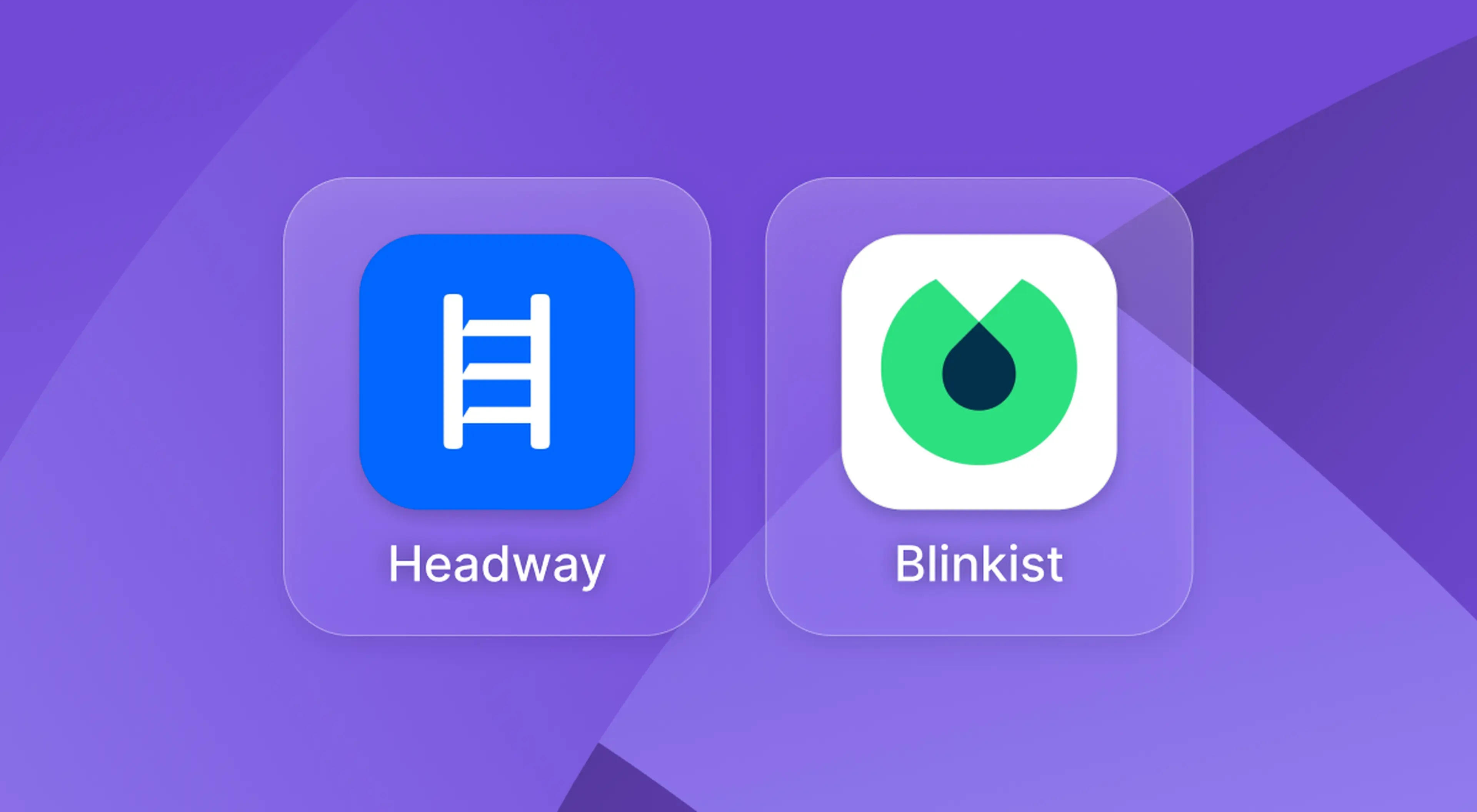 Headway vs Blinkist book summary apps compared, showing their labeled icons side by side on a purple geometric backgroun