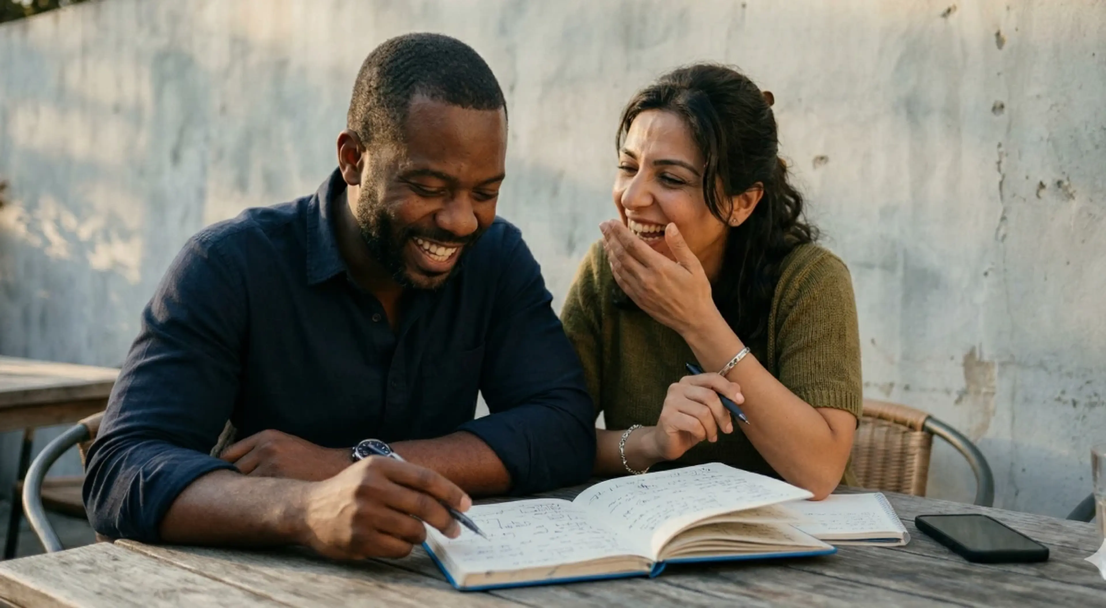 Two people smiling and writing in an open notebook together at an outdoor wooden table, building life-changing habits and daily routines against a rustic concrete wall background