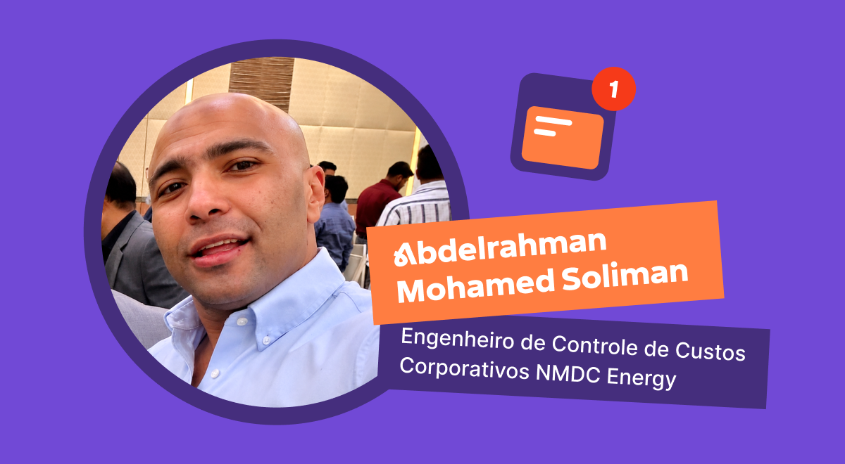 Retrato de Abdelrahman Mohamed Soliman, Engenheiro de Controle de Custos Corporativos da NMDC Energy, em círculo roxo com fundo de evento, compartilhando sua análise da Headway