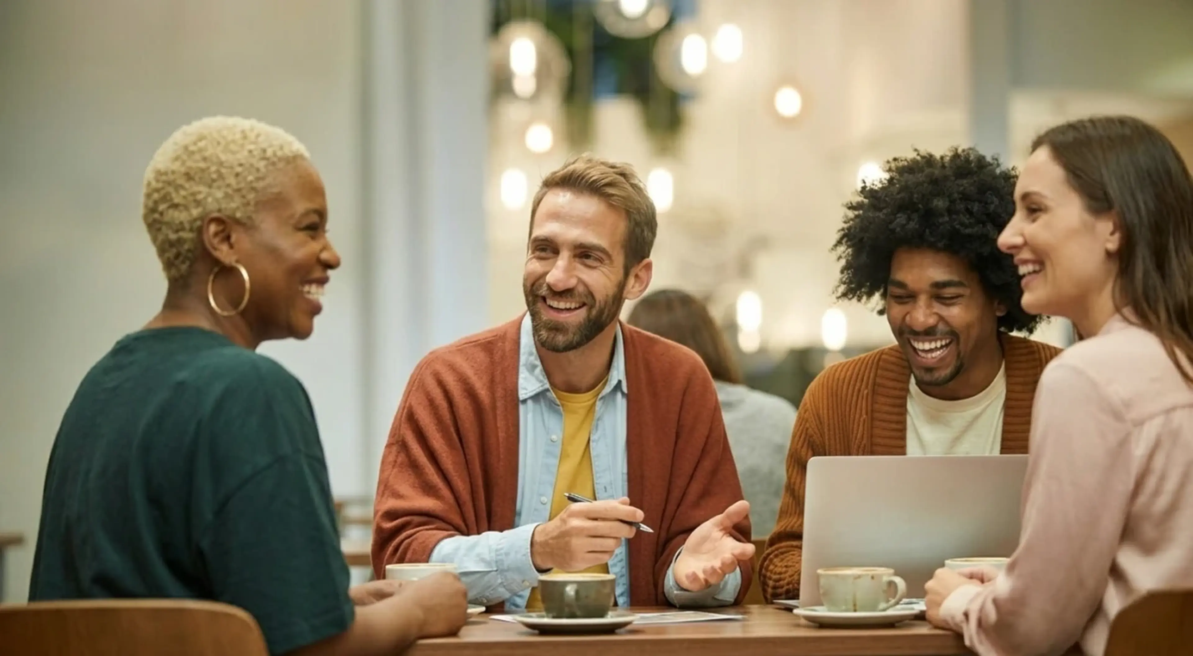 Four diverse friends laughing and talking together at a café table with coffee cups and a laptop, showing an extrovert with social anxiety enjoying genuine group connection