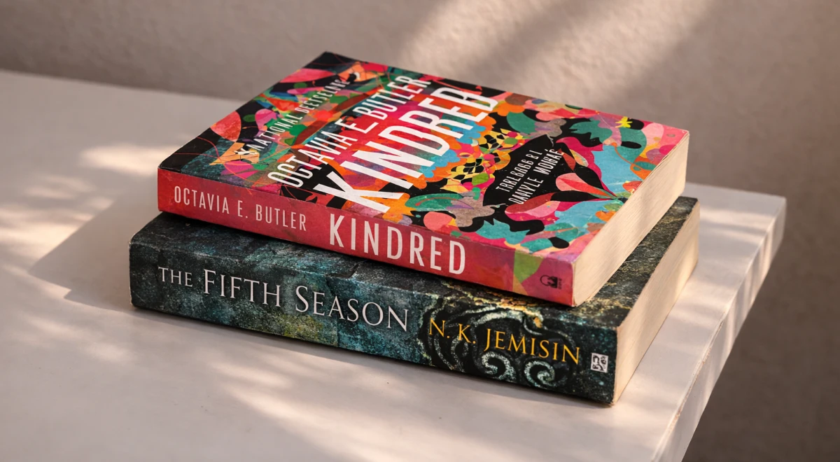 Two book recommendations by Black authors Kindred by Octavia E Butler and The Fifth Season by NKJemisin stacked on a white surface in natural light