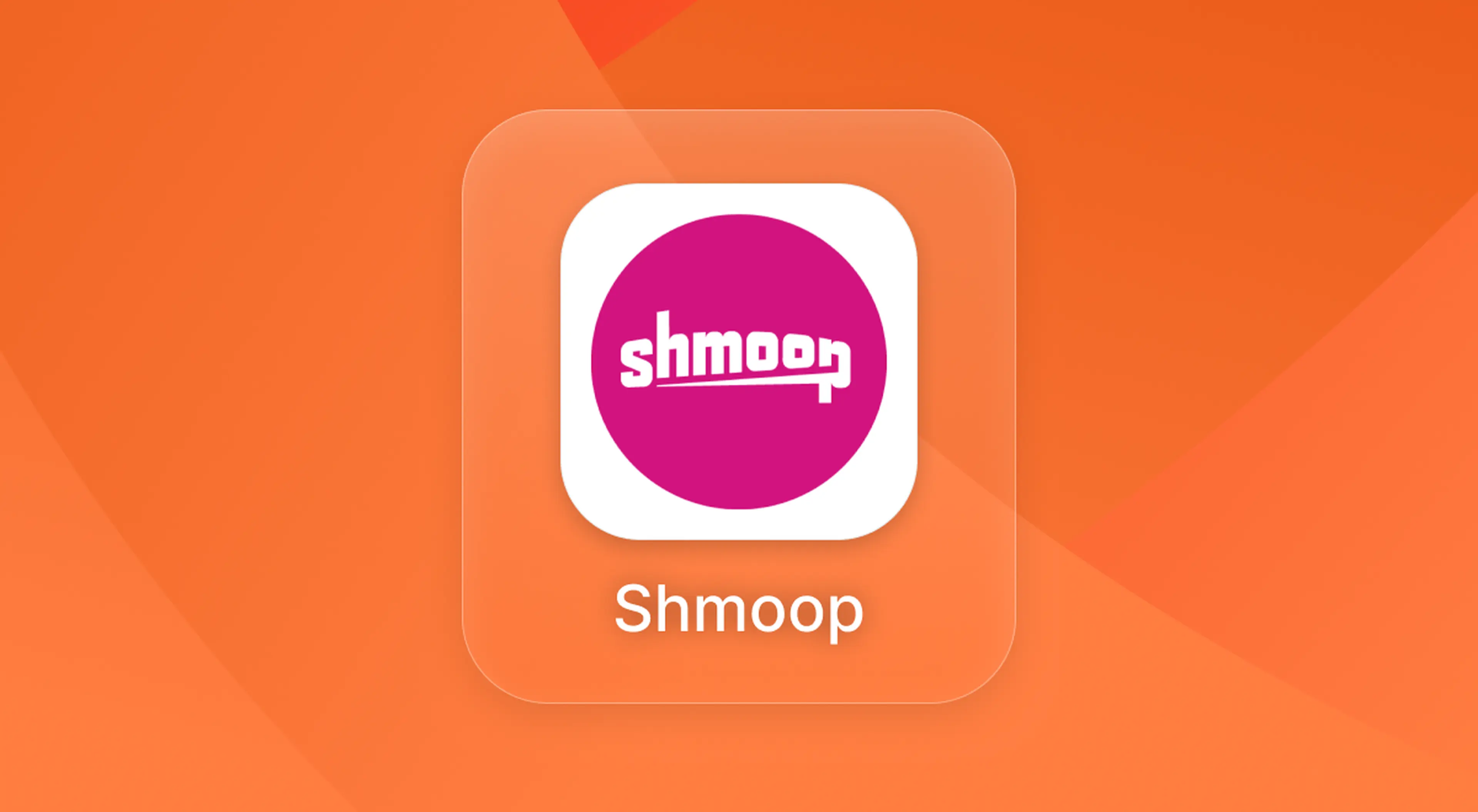 Shmoop app icon with a pink circle logo on a white rounded square, set against an orange background with geometric shapes