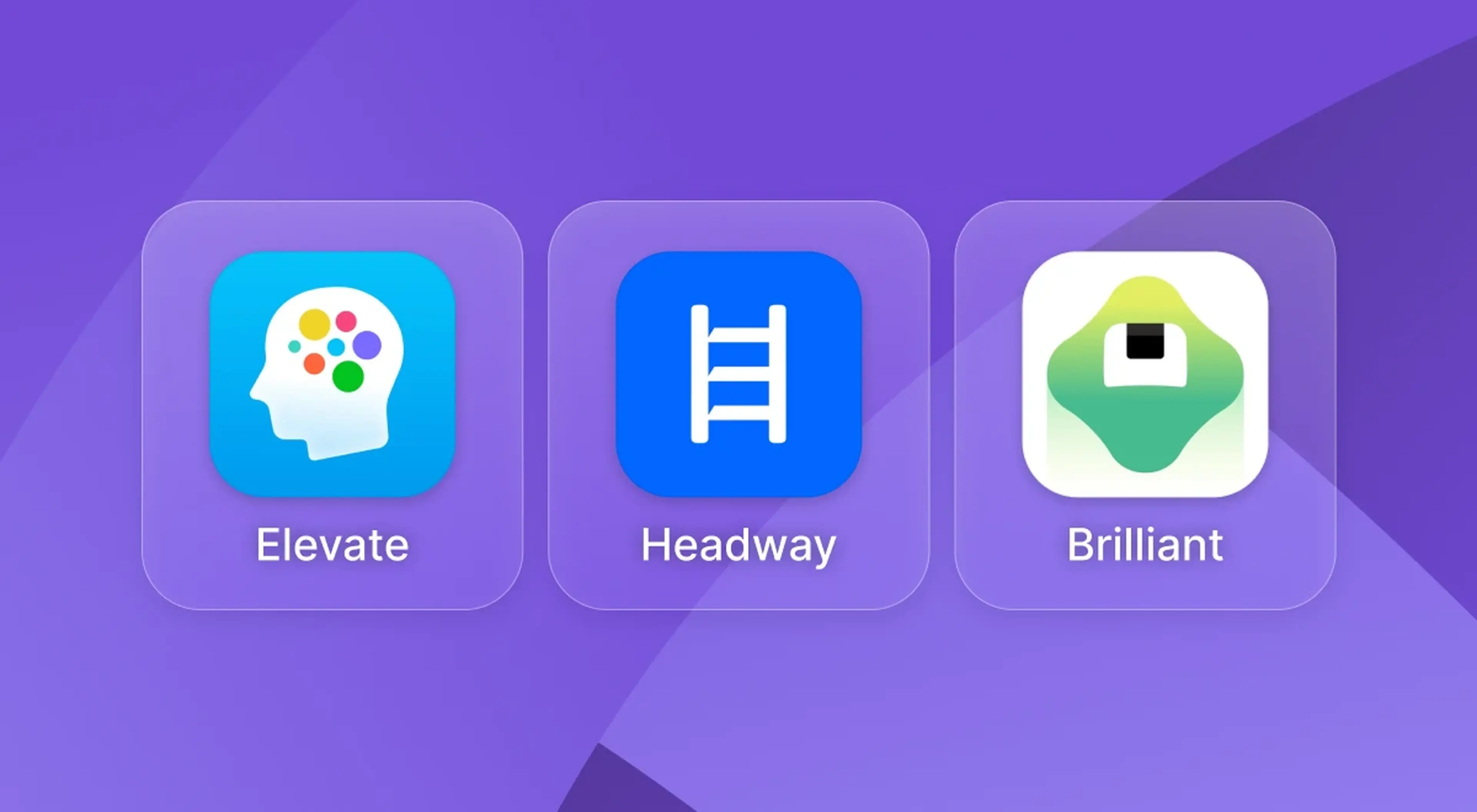 Three app icons on a purple gradient background — Elevate brain-training icon with a blue head silhouette and colorful dots, Headway learning icon with a white ladder on blue, and Brilliant icon with_