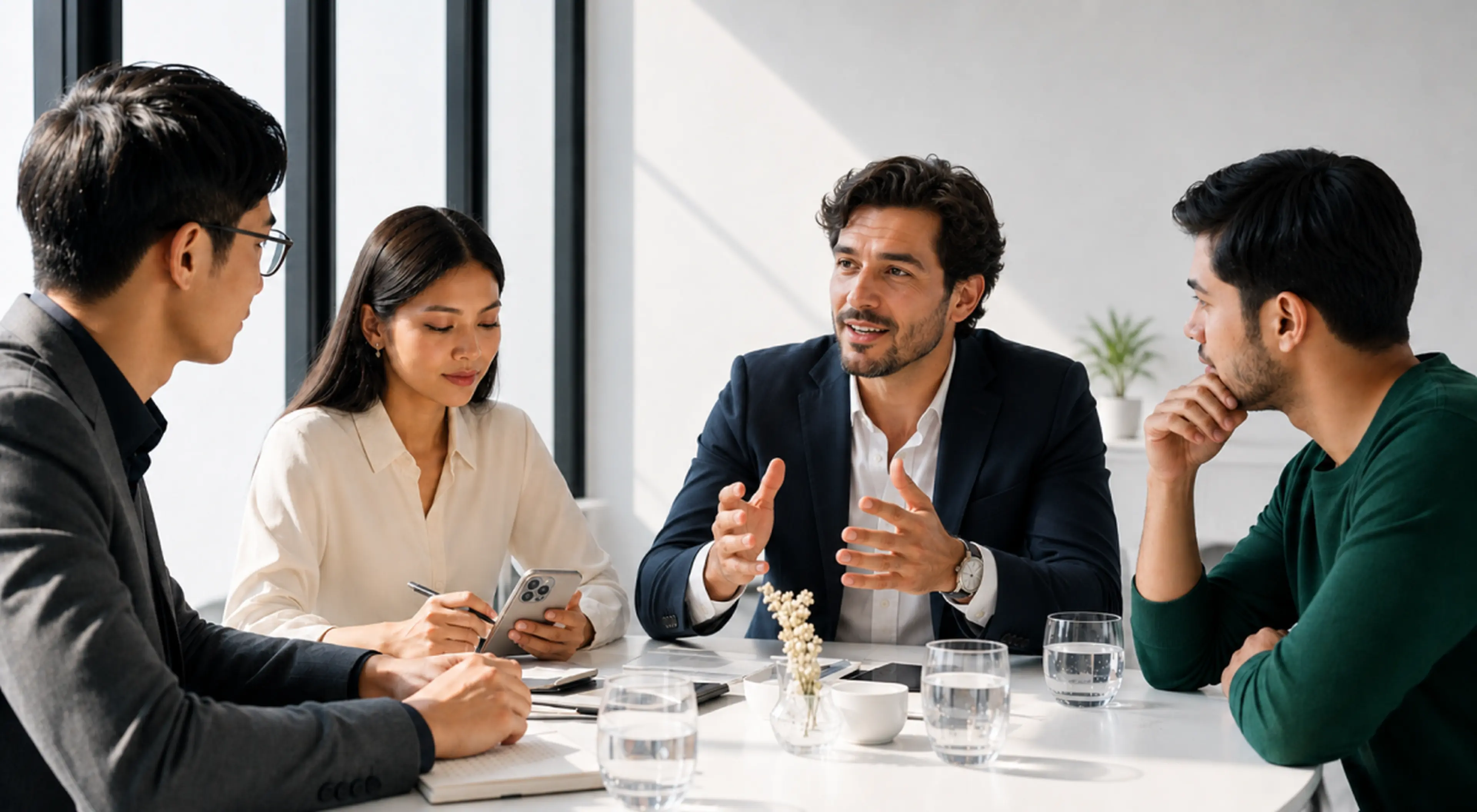Confident businessman gesturing while speaking like a CEO to three attentive colleagues around a white table in a bright modern office with glasses of water and a smartphone