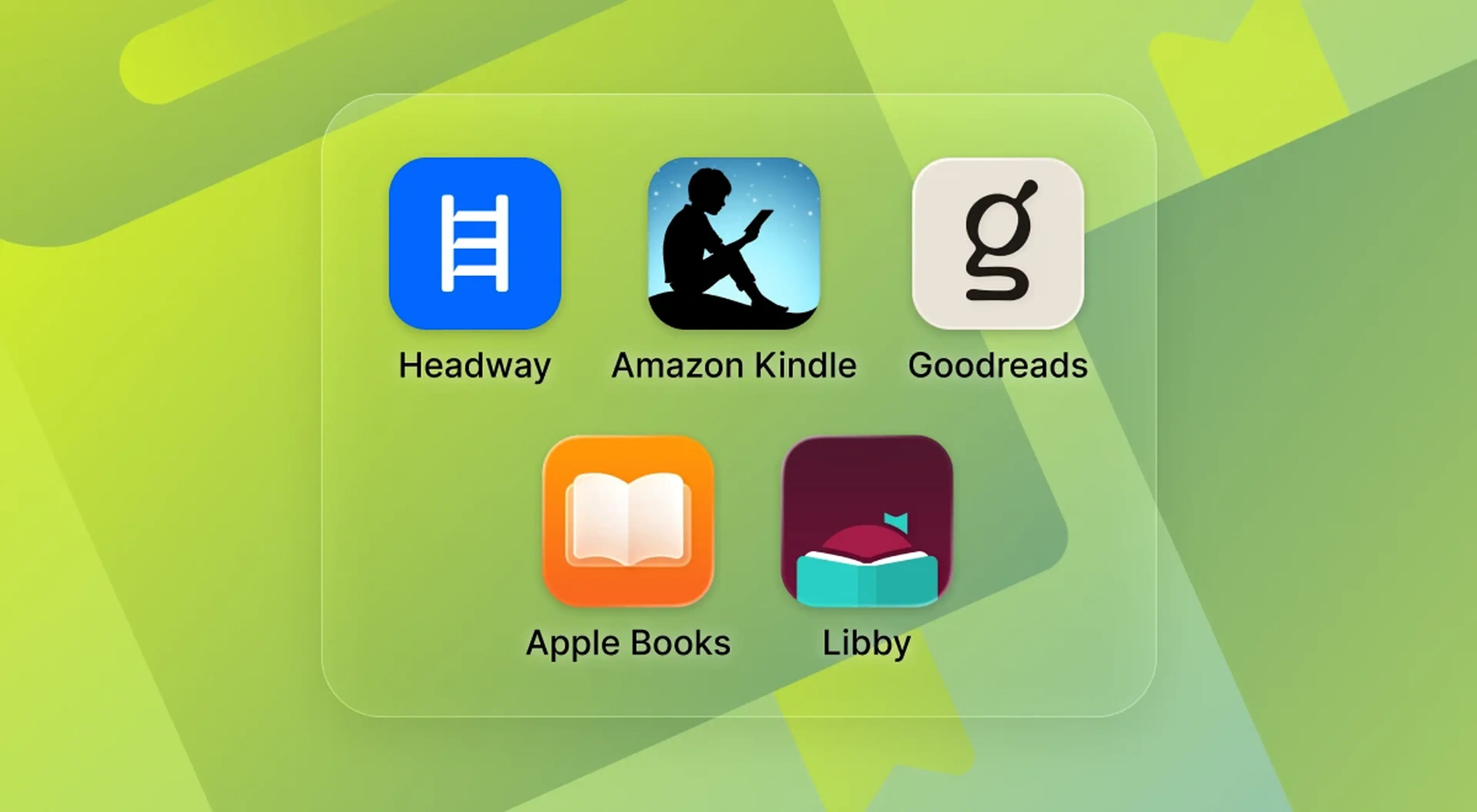 Two big book icons in green color under the iphone ui with five icons of best book apps for iphone