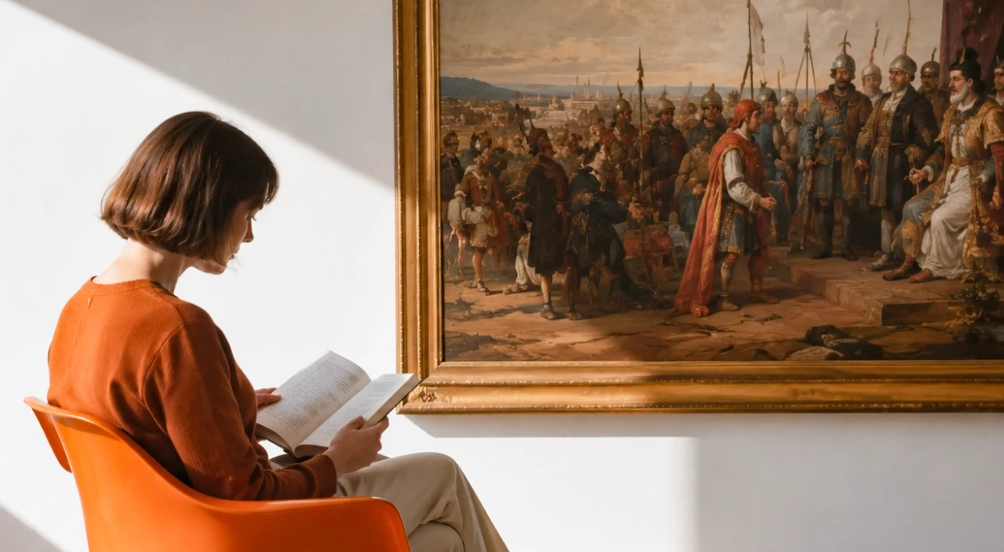 Woman in a rust-colored sweater sitting on an orange chair reading a book, with a large classical painting depicting a historical crowd scene hanging on the wall behind her