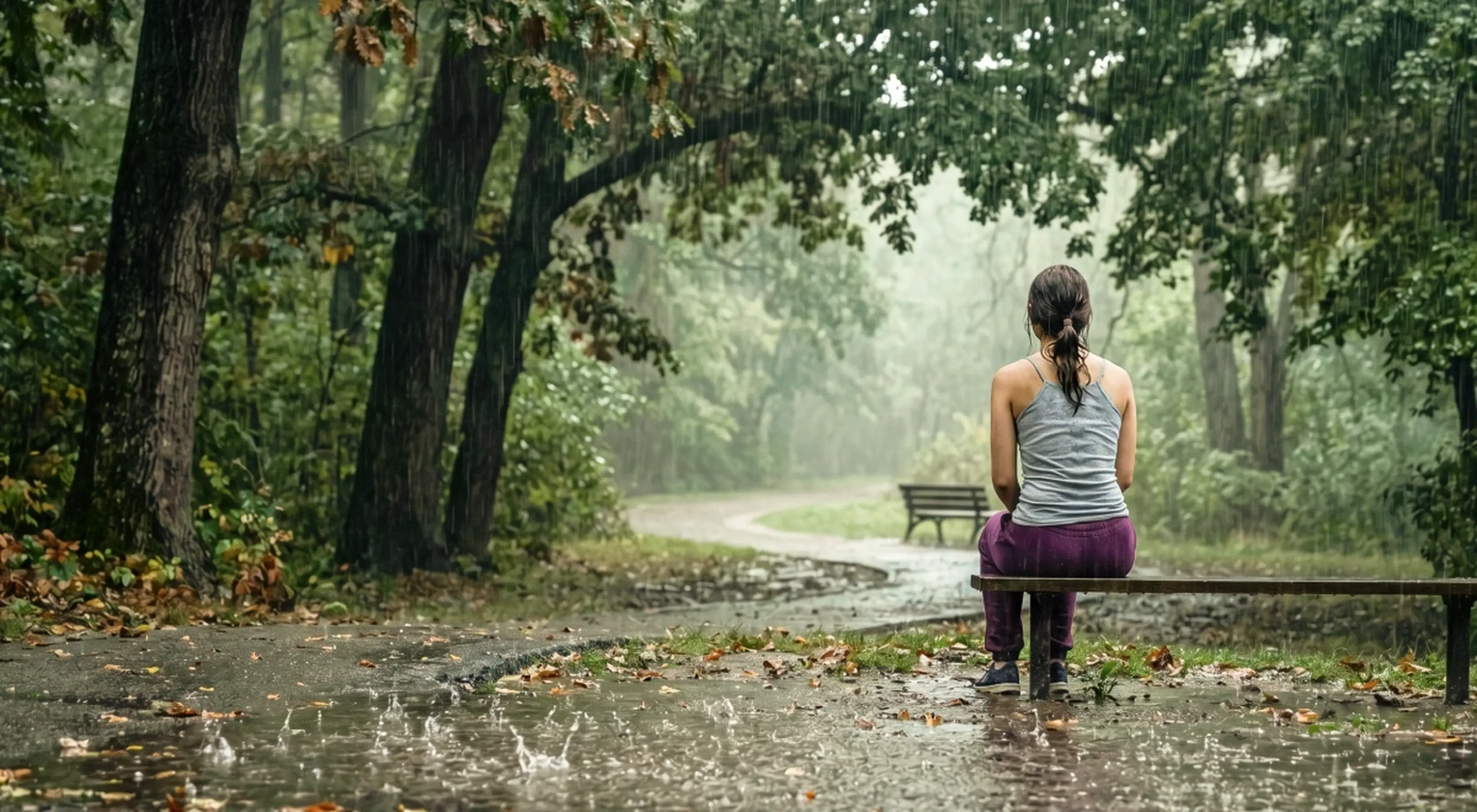 Woman with a ponytail sitting alone on a bench in a rainy green park with fallen leaves and puddles, conveying feelings of guilt and emotional isolation