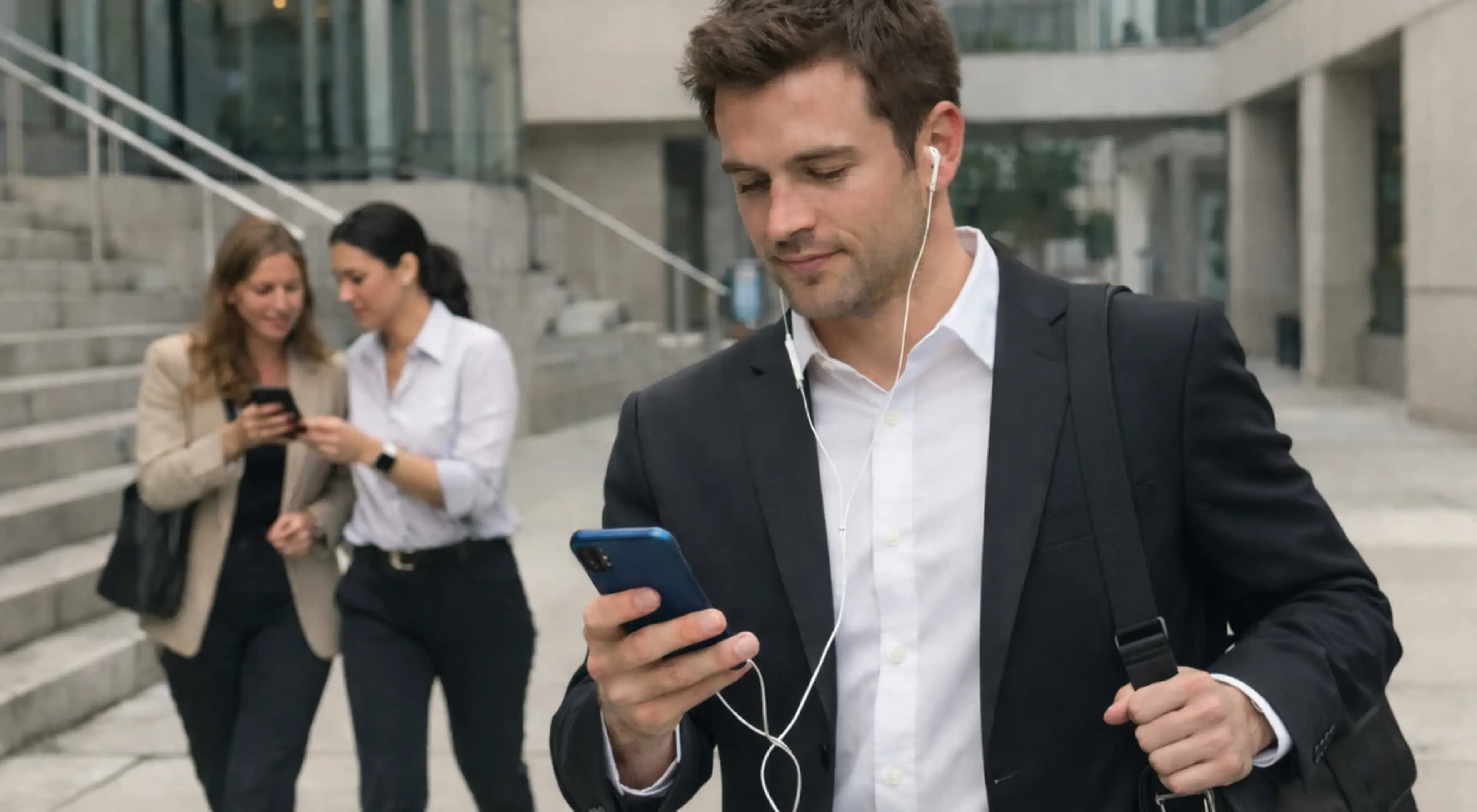 Businessman in a dark suit wearing earphones and checking his phone while walking outdoors, with two female colleagues in the background, supporting career growth routine