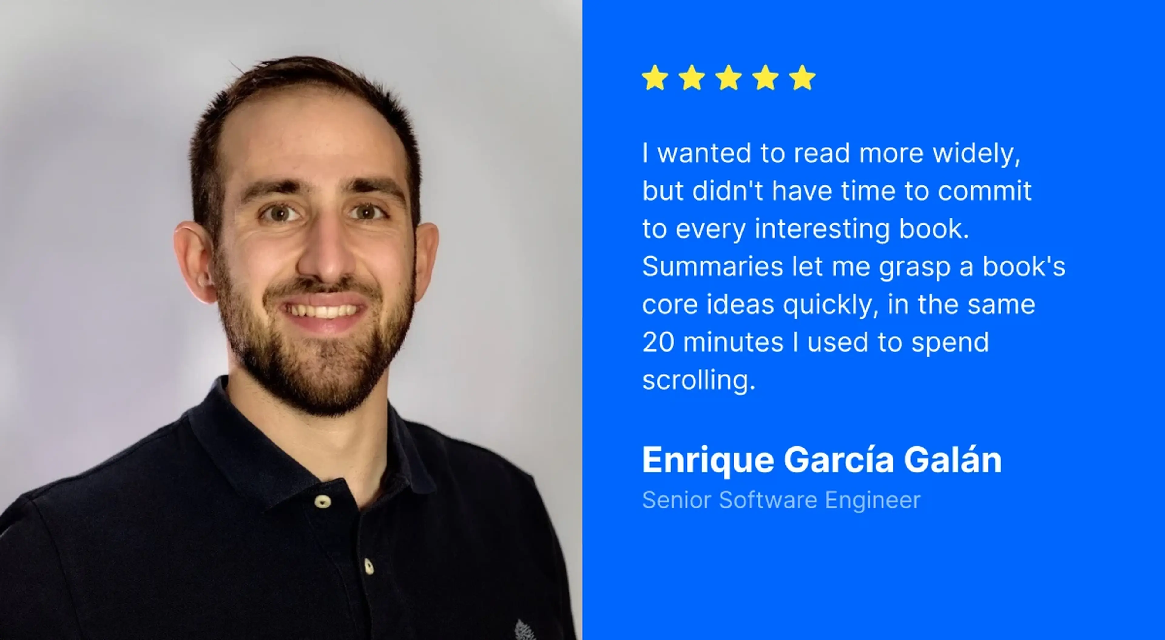 Smiling man in a dark polo against a light studio background beside a blue review card, representing career growth and self-growth through learning tools