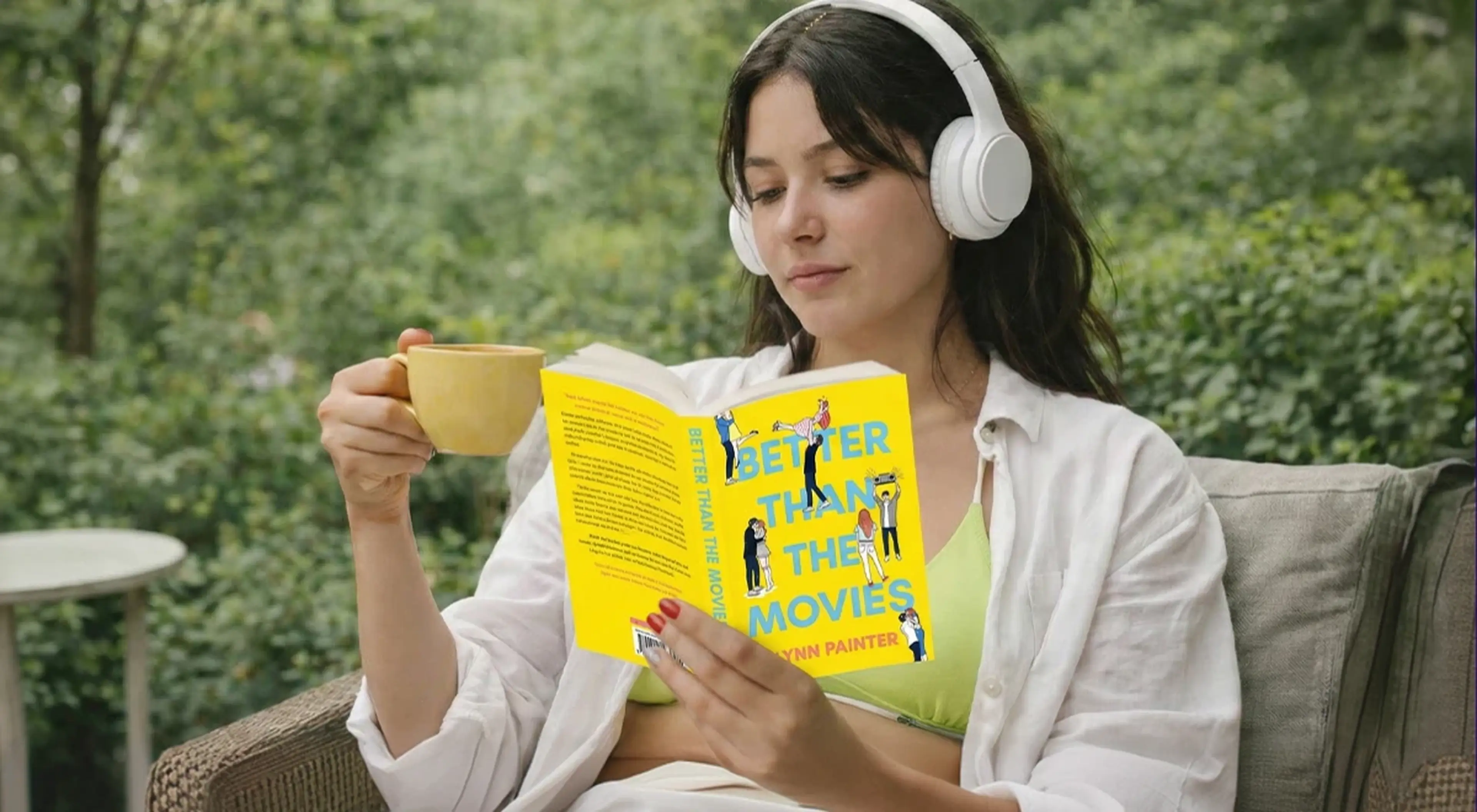 Woman with white headphones reading Better Than the Movies by Lynn Painter while holding a yellow cup outdoors among green trees, ideal for a rom-com audiobook review