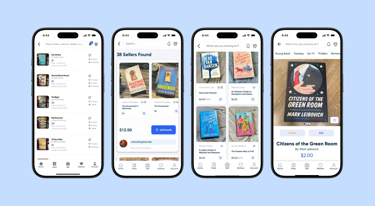 Four PangoBooks app screenshots on a light blue background displaying book listings, sellers found, book covers, and Citizens of the Green Room detail page