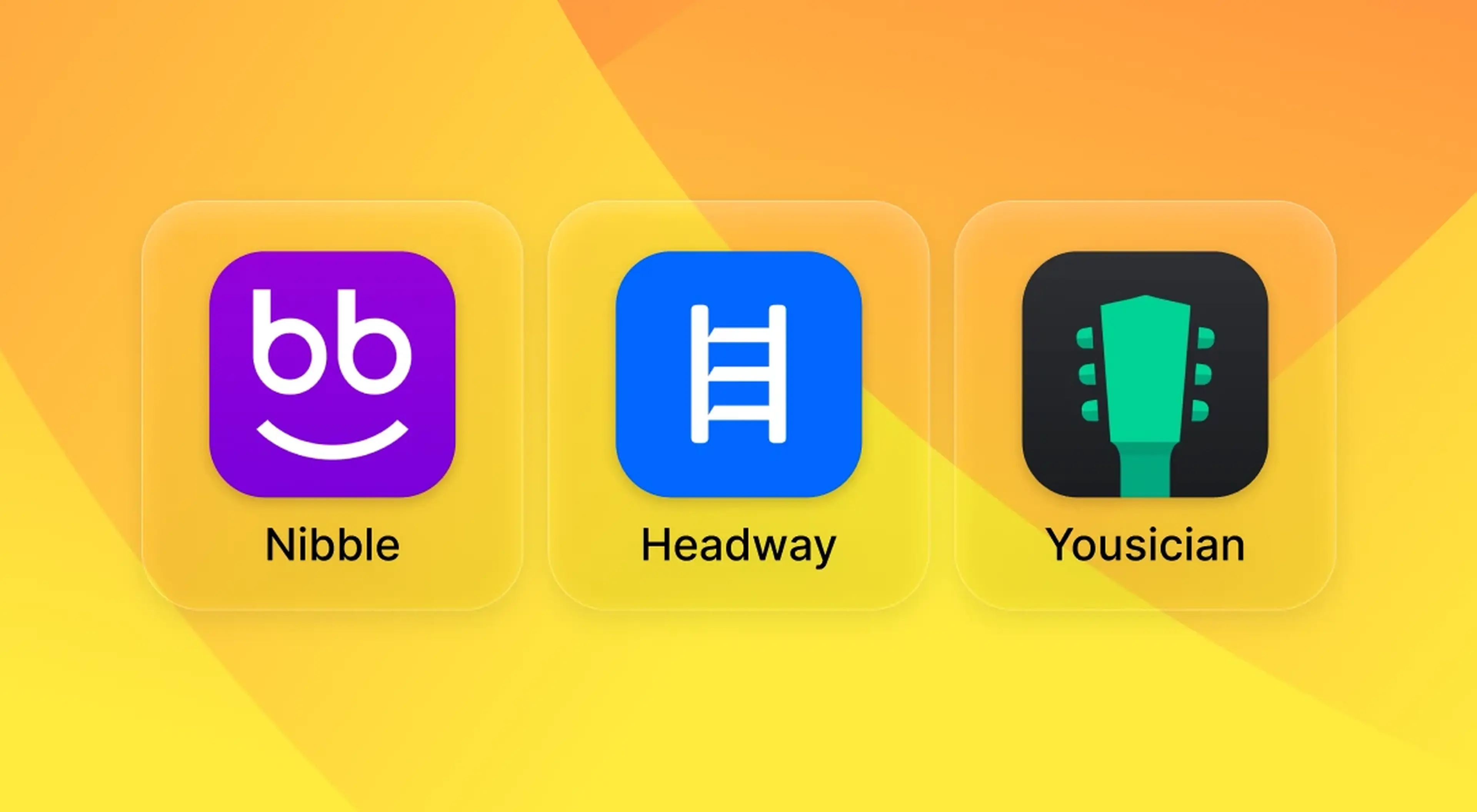 Three app icons on a yellow and orange gradient background — Nibble icon with a smiling purple bb logo, Headway icon with a white ladder on blue, and Yousician icon with a green guitar headstock on bl