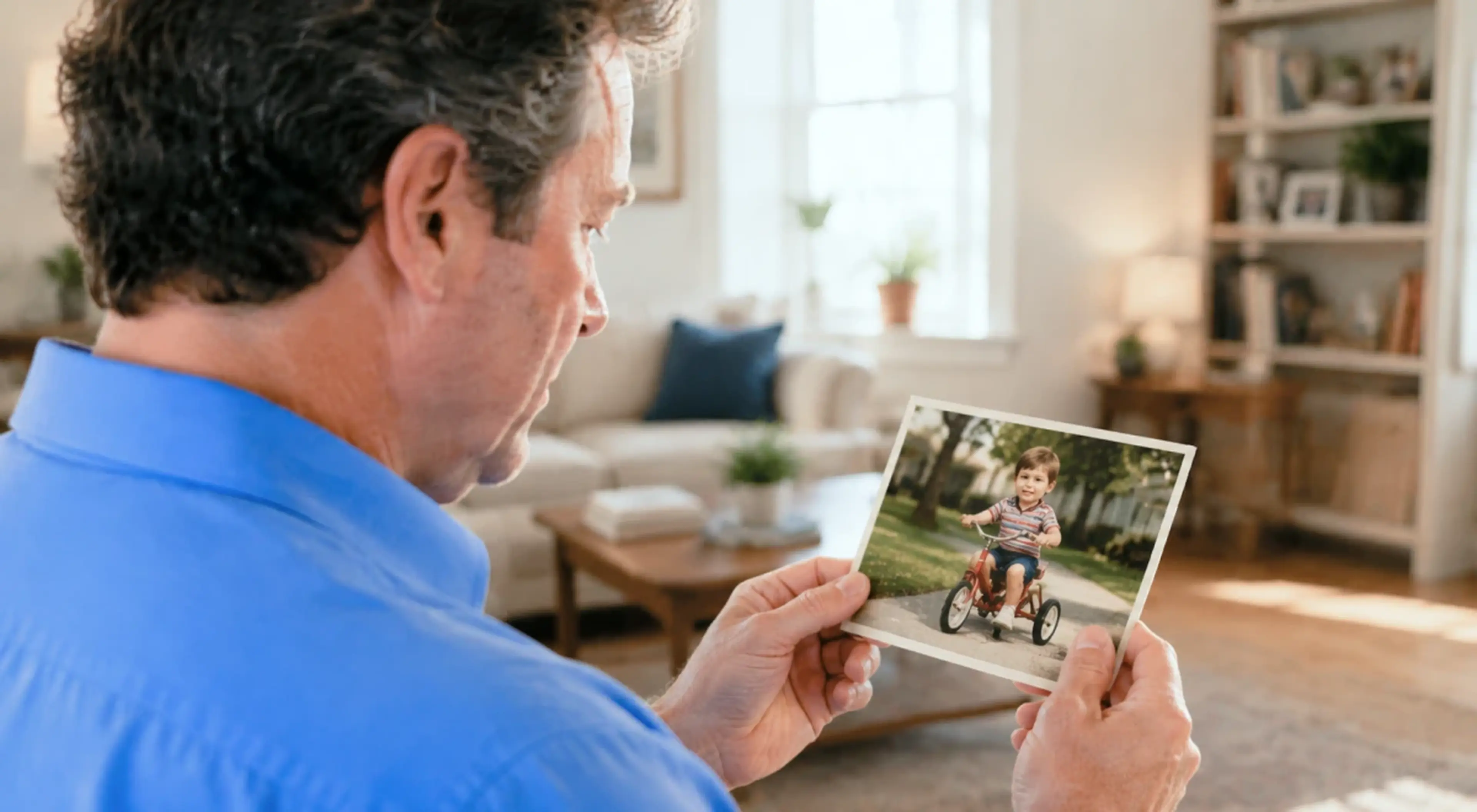 Man in a blue shirt sitting in a living room holding a photo of a child on a bike, reflecting on emotional attachment
