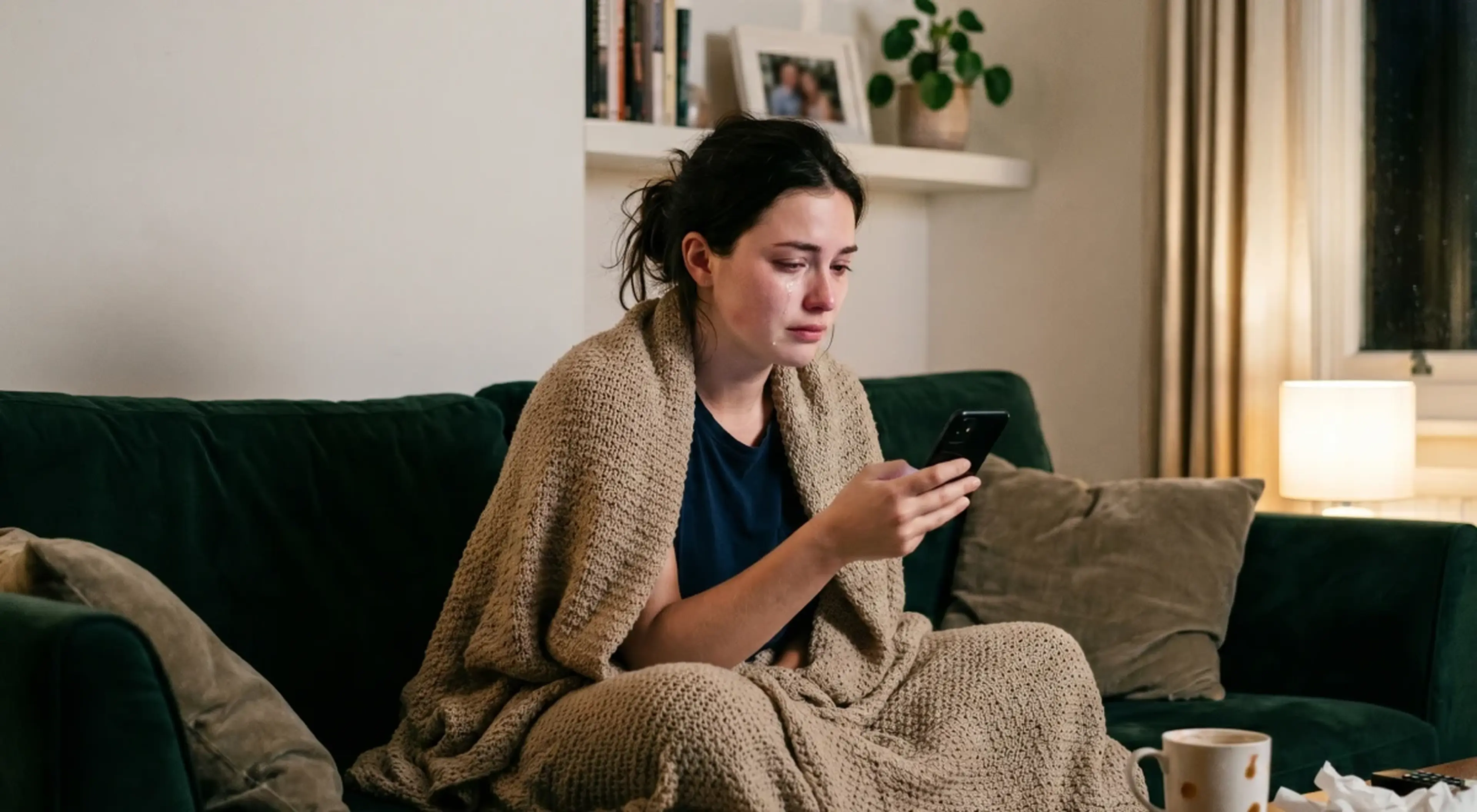 Young woman wrapped in a beige blanket on a dark green sofa, tearfully looking at her phone after a breakup, with a lamp and bookshelf in the background
