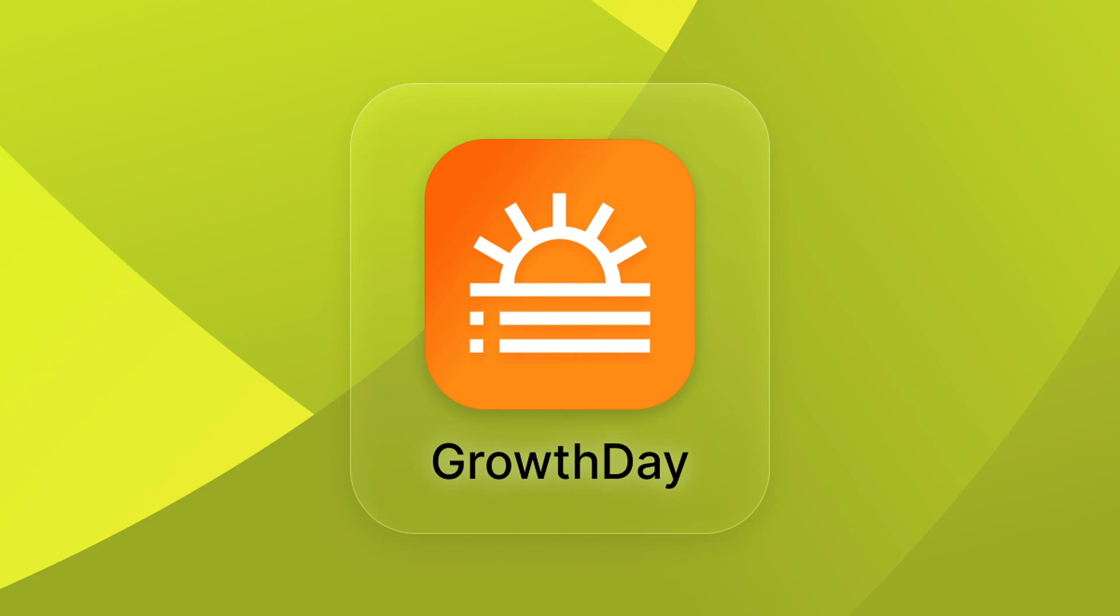 GrowthDay app icon with an orange sunrise logo displayed on a frosted glass card against a green and yellow abstract background