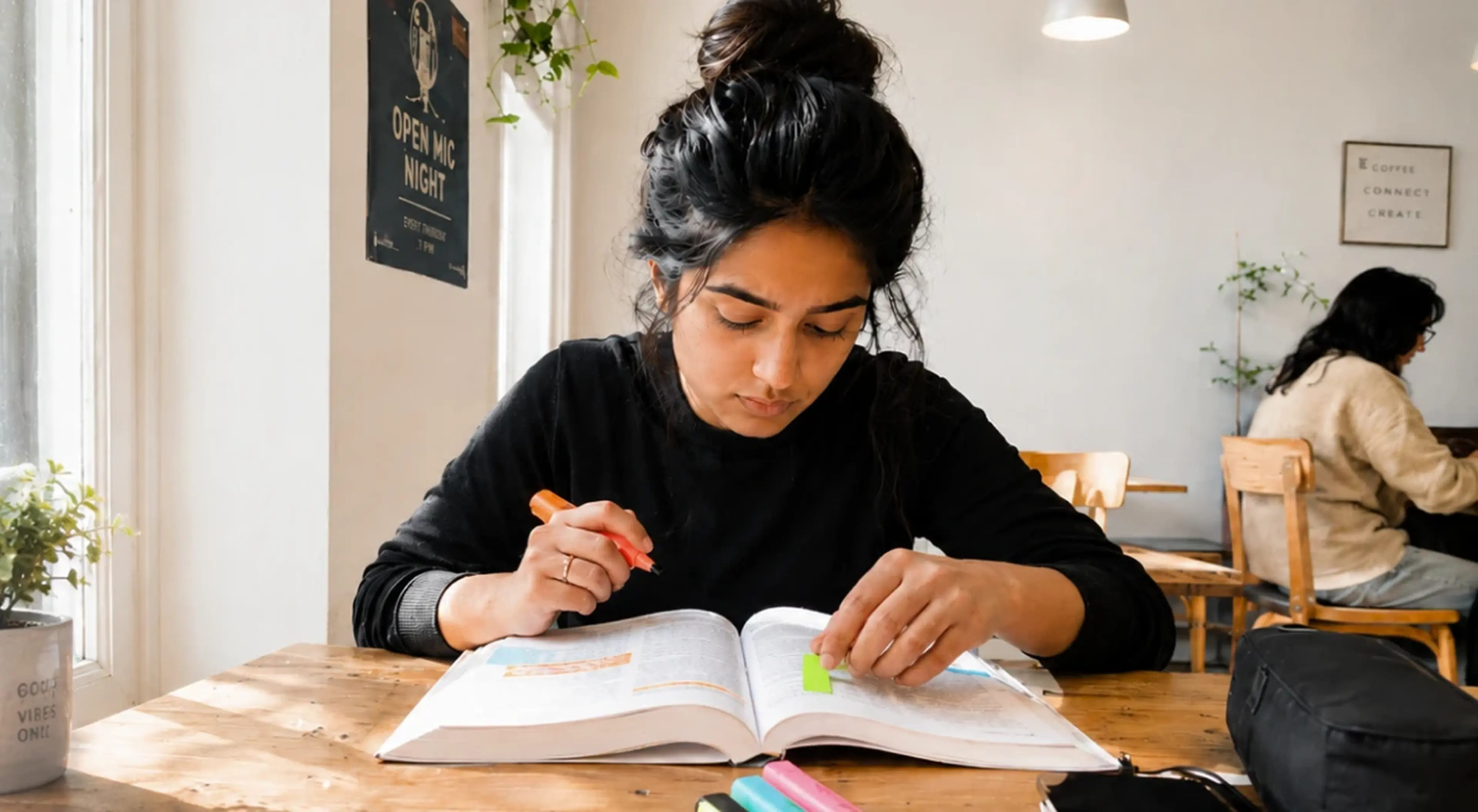 Young woman in black top studying and highlighting an open book at a wooden table in a bright café, representing focused reading strategies for ADHD