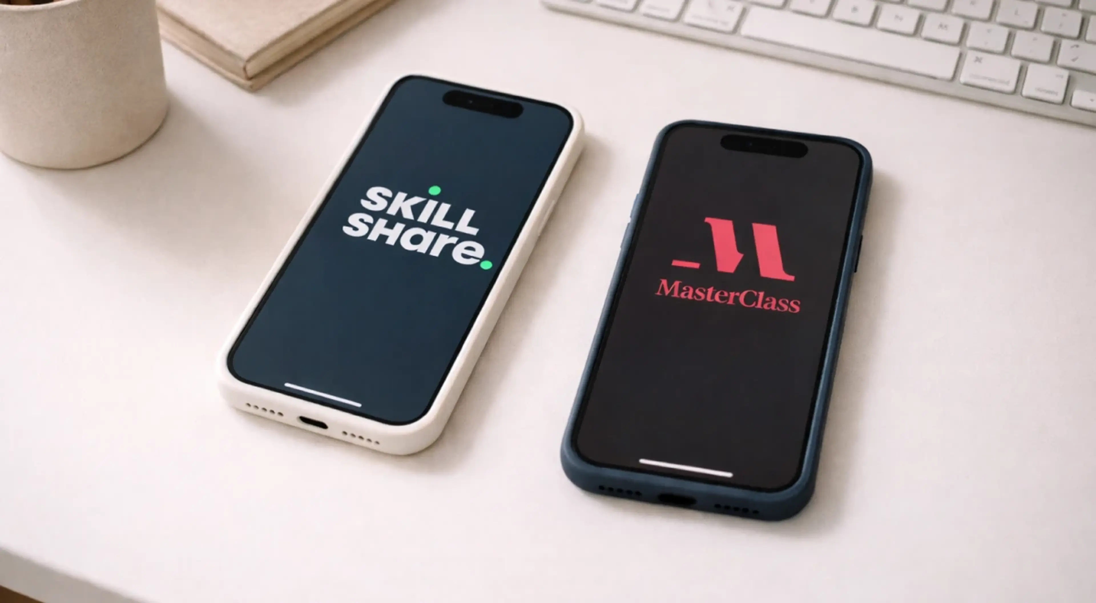 Two smartphones on a beige desk near a keyboard — one displaying the Skillshare logo on a dark screen, the other showing the MasterClass logo, for a MasterClass vs Skillshare apps review