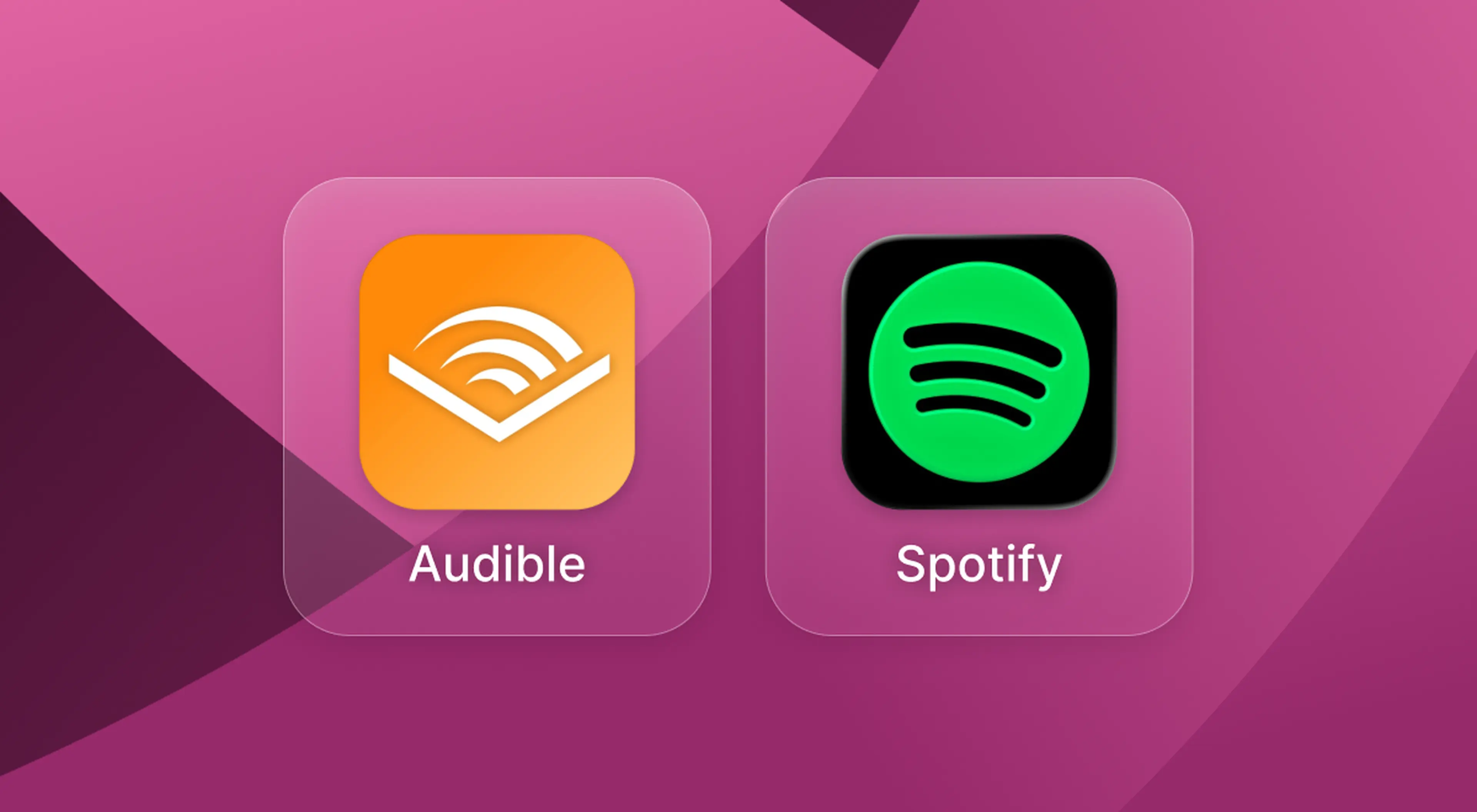 Audible vs Spotify app icons displayed side by side on frosted glass tiles against a pink and purple geometric background
