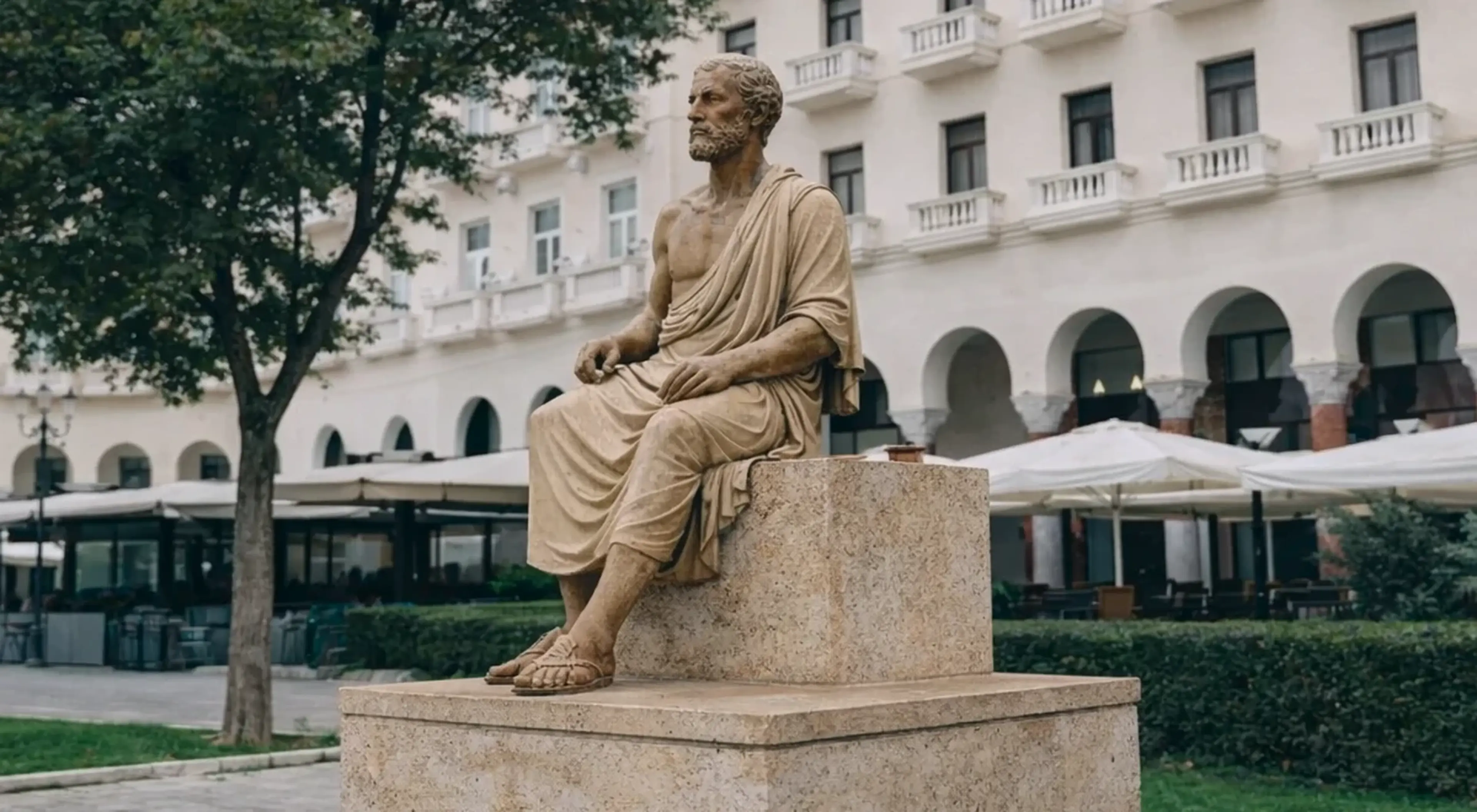 Aristotle stone statue seated on a pedestal in an outdoor plaza with trees and a white classical building in the background, representing ancient philosophy books culture