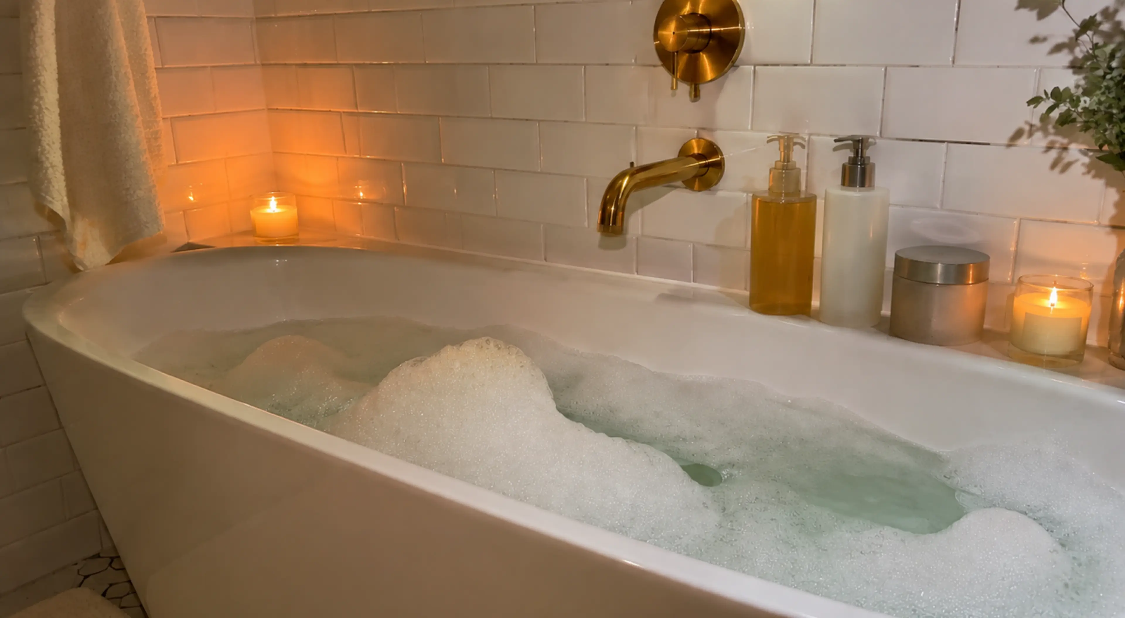 Relaxing night routine bubble bath filling a white tub with a gold faucet, lit candles, soap dispensers, and greenery against white subway tile