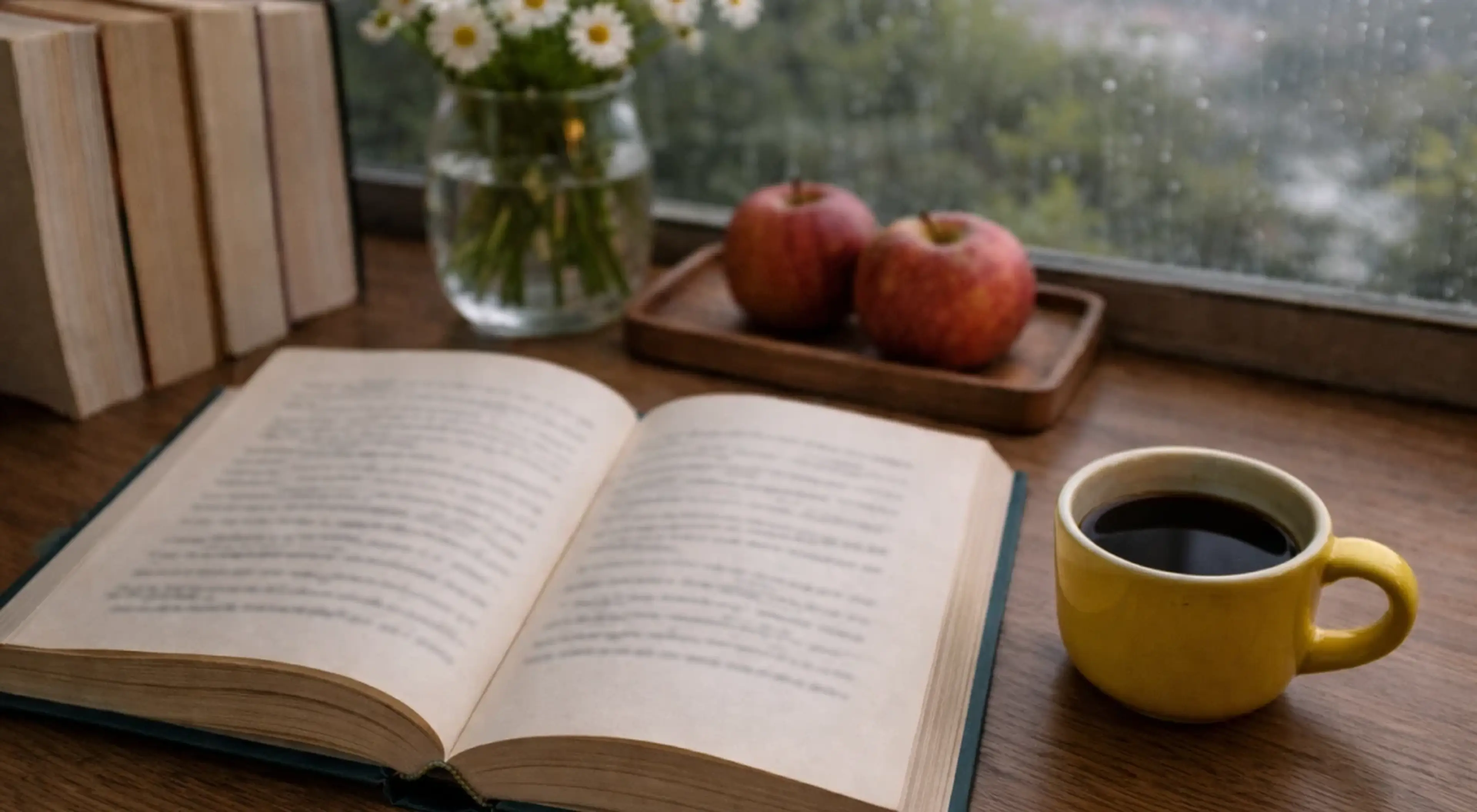 Open book on a wooden table beside a yellow coffee mug, red apples, and white flowers in a vase by a window — a cozy classic novels reading setup