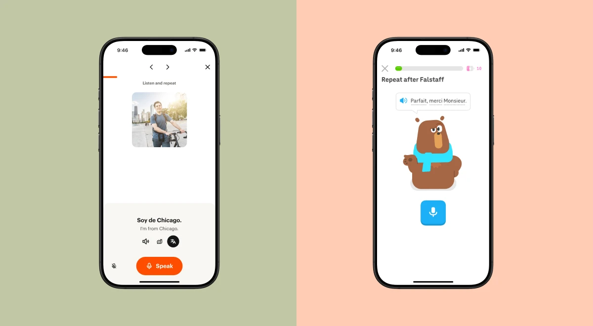 Babbel and Duolingo language learning app screens on smartphones displaying a story lesson with a cyclist and a speaking exercise with a bear mascot