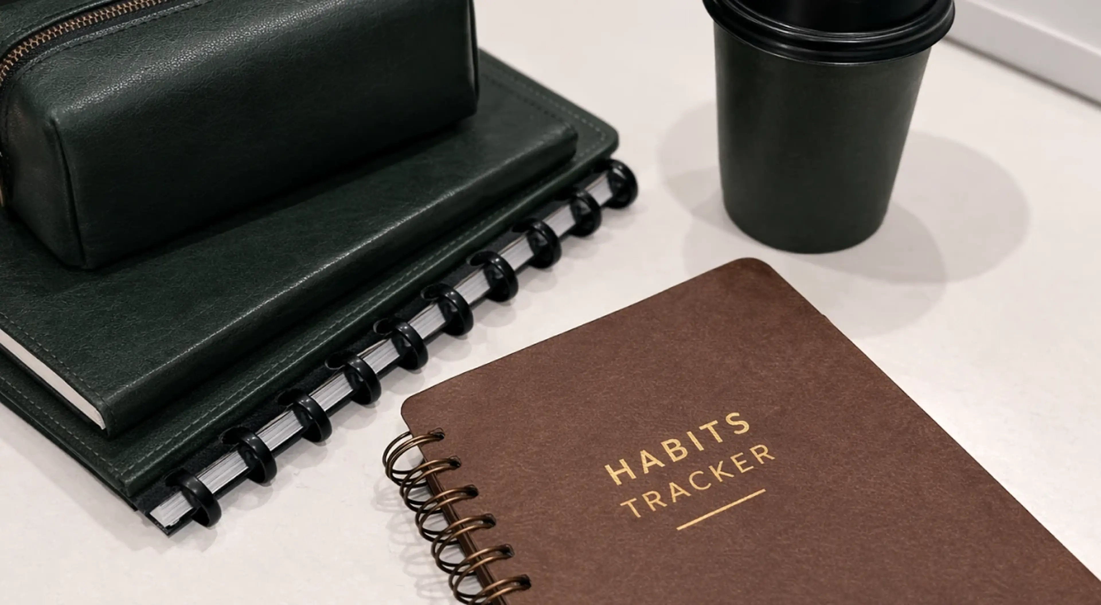 _Brown spiral-bound habits tracker journal with gold lettering beside a black leather bag and coffee cup on a white surface, representing daily habits tracking