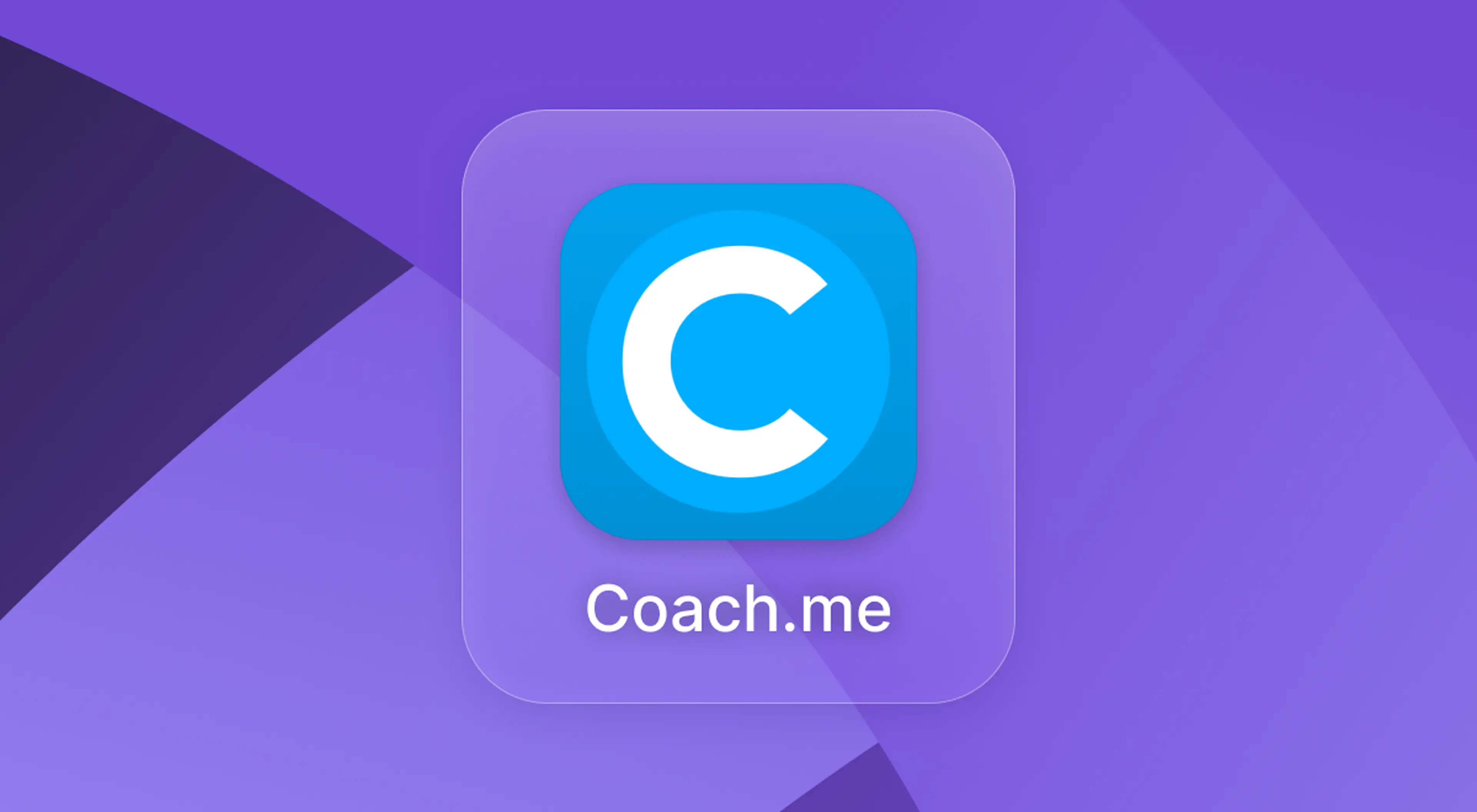 Coachme app icon with a blue letter C on a frosted card against a purple geometric background, featured in a Coach me review