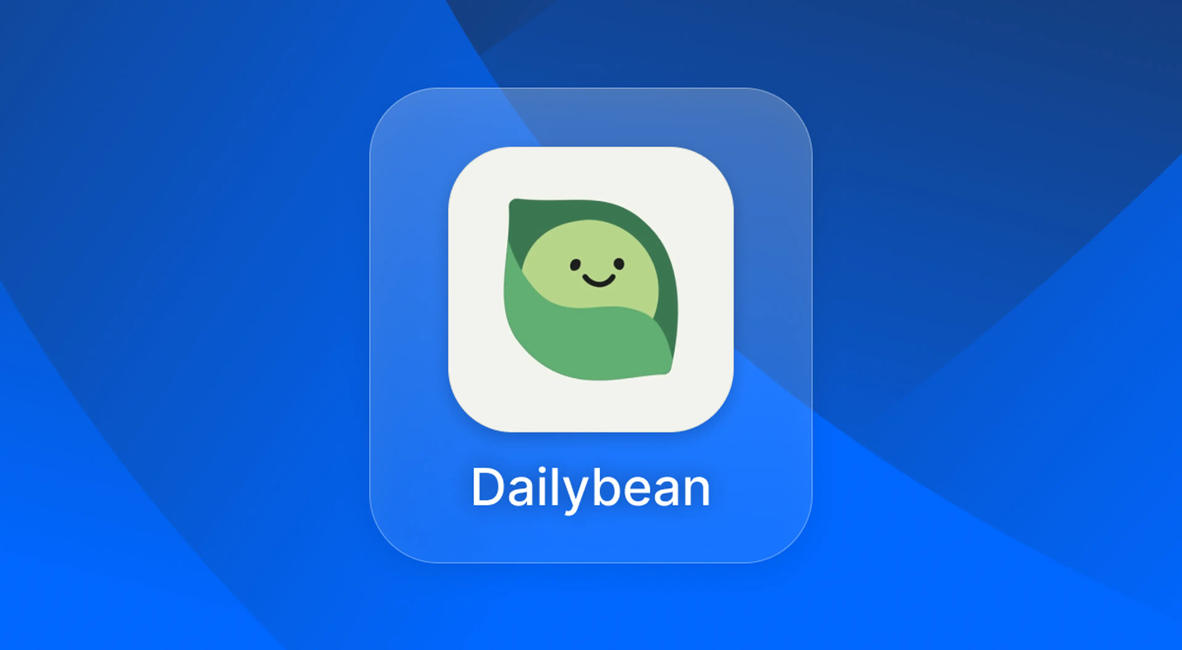 Dailybean app icon showing a smiling green bean in a pea pod on a white rounded square, set against a blue geometric background with the app name below
