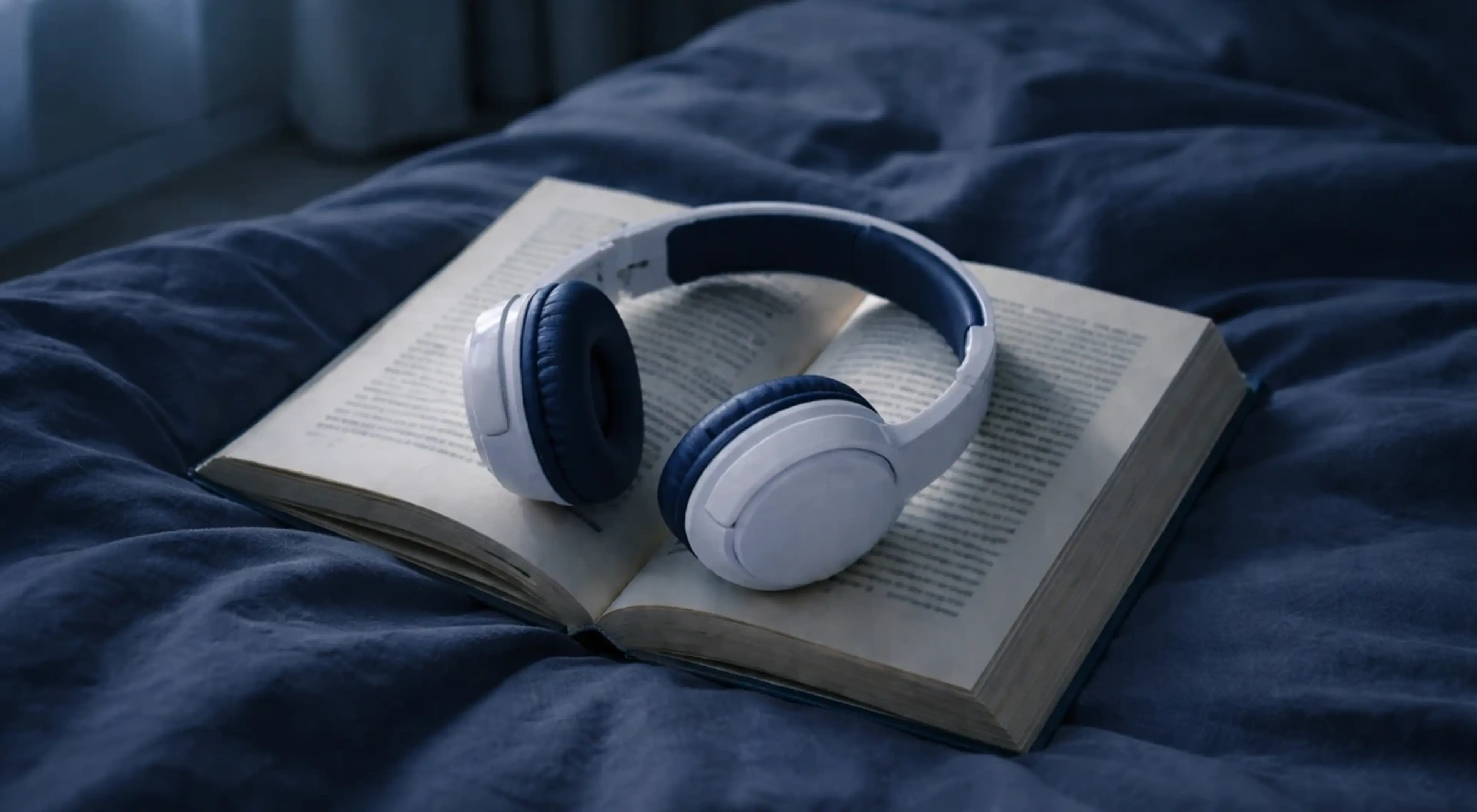 Open book on blue bedding with white and blue over-ear headphones resting on top, evoking a cozy setup for best sci-fi audiobooks