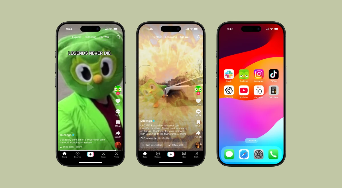 Three iPhones showing Duolingo funny TikTok content_ the Duolingo owl meme in a green hoodie, a nature video feed, and an iPhone home screen with app icons including TikTok and YouTube
