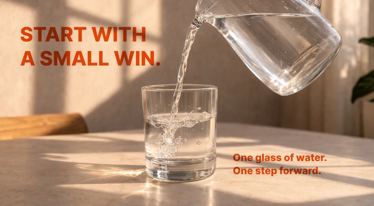 Water pouring from a glass pitcher into a clear glass on a beige table in warm morning light, representing a small win in a daily morning routine