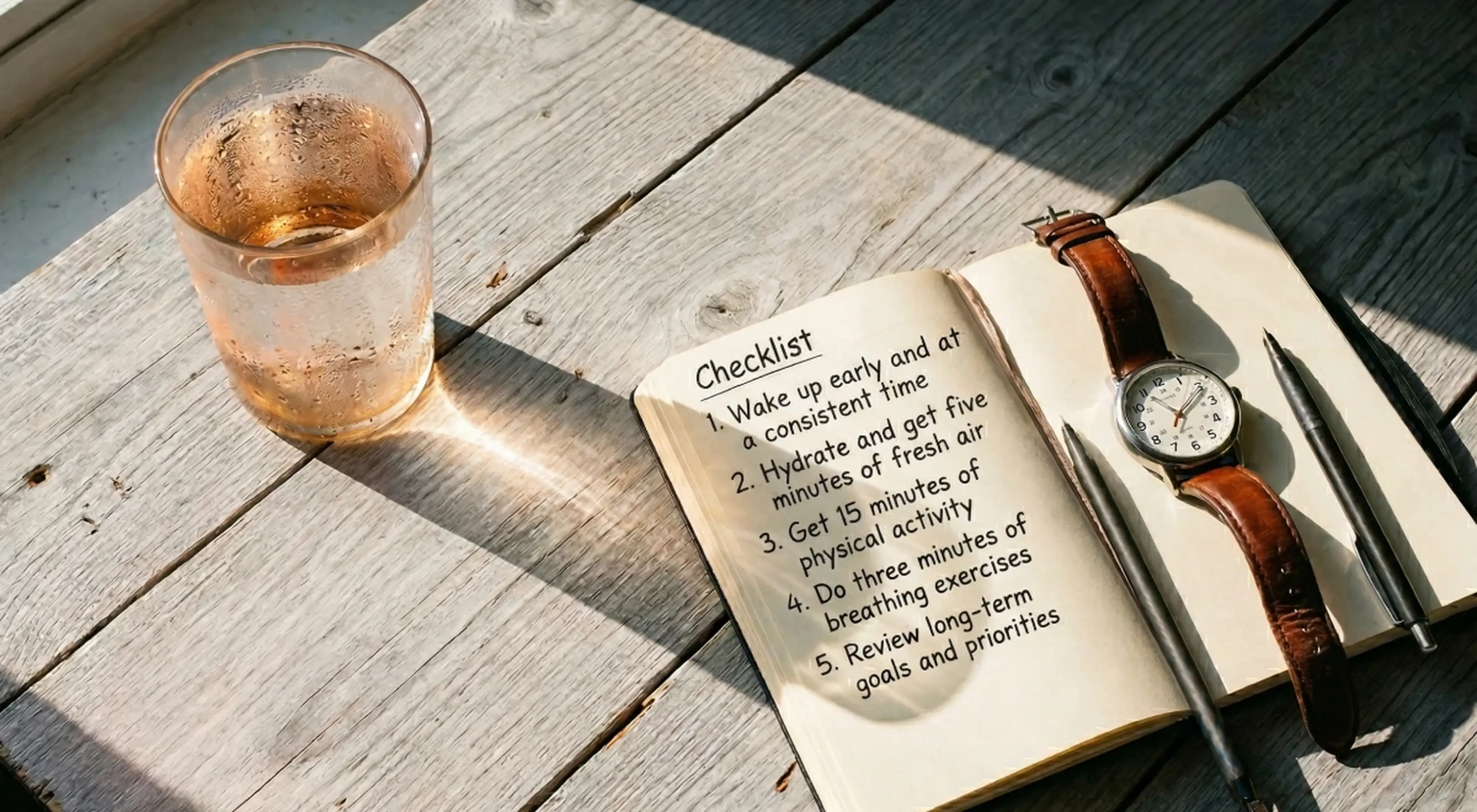 _Open notebook with a morning routine checklist, a glass of tea, leather watch, and pen on a wooden surface — ultimate productivity planning flatlay