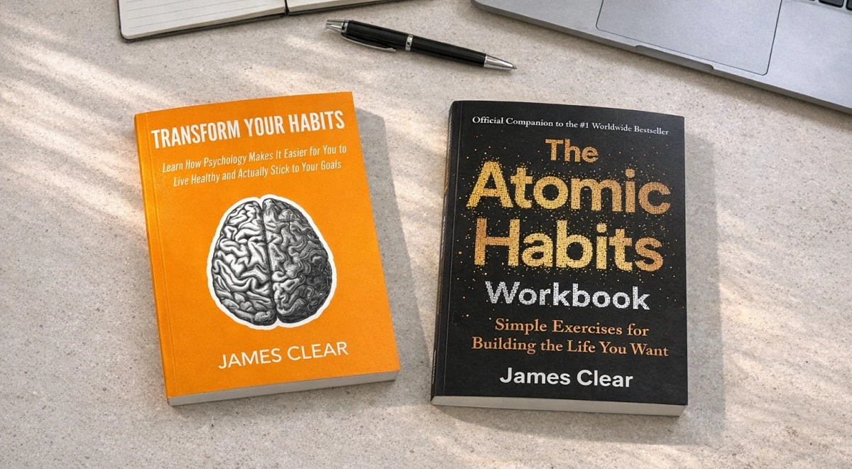 Two Atomic Habits book recommendations by James Clear — Transform Your Habits orange cover and the Atomic Habits Workbook — laid on a sandy surface with a pen and laptop