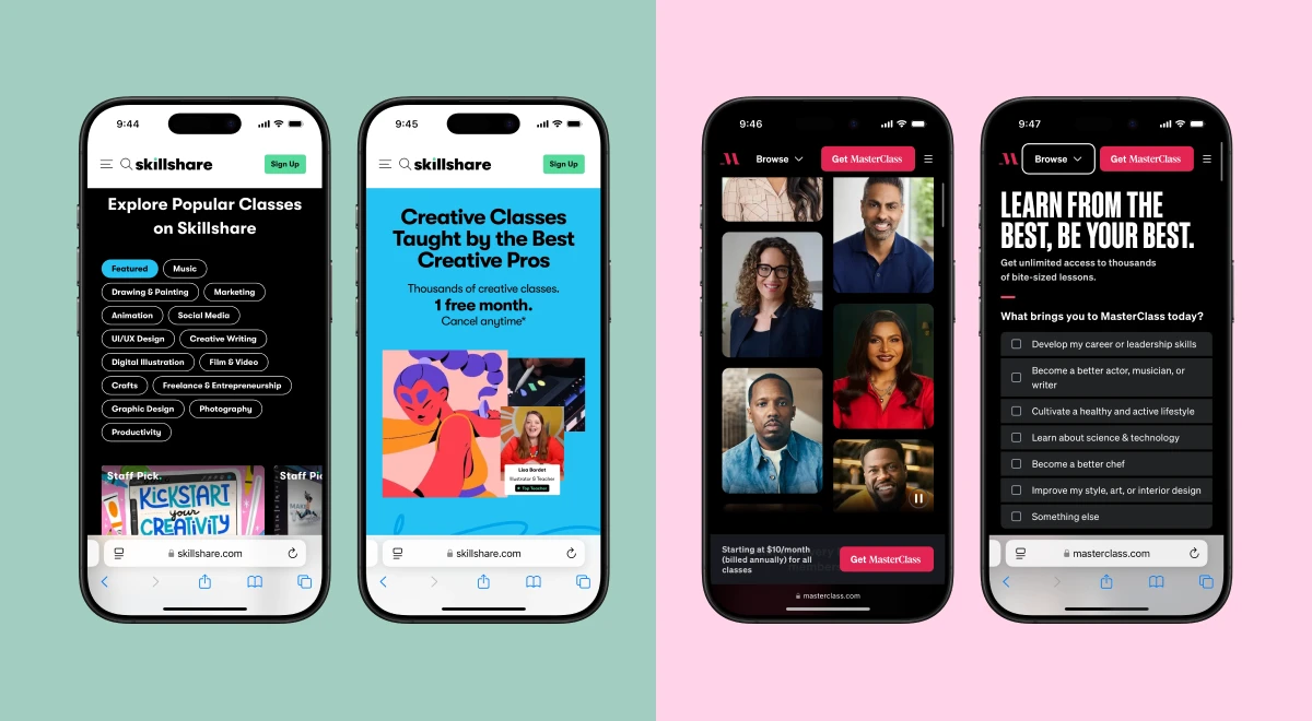Skillshare and MasterClass mobile app screenshots side by side — Skillshare on teal background, MasterClass on pink — comparing microlearning apps interfaces and onboarding screens