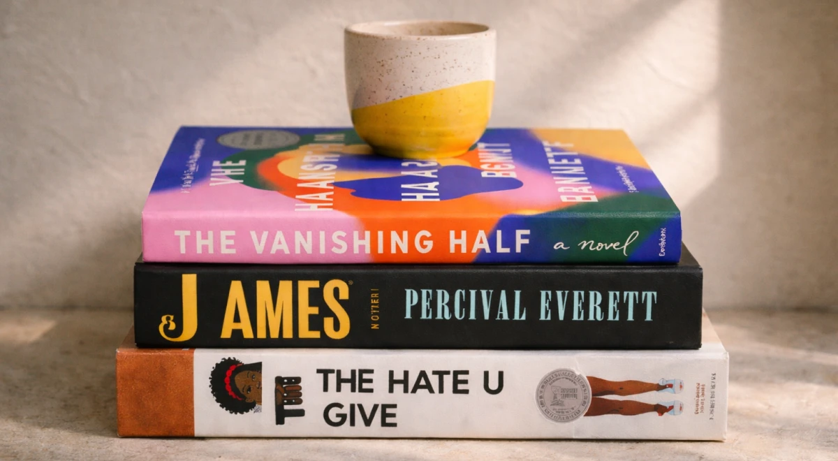 _Stack of books by Black authors including The Vanishing Half, James by Percival Everett, and The Hate U Give, topped with a ceramic cup on a beige surface