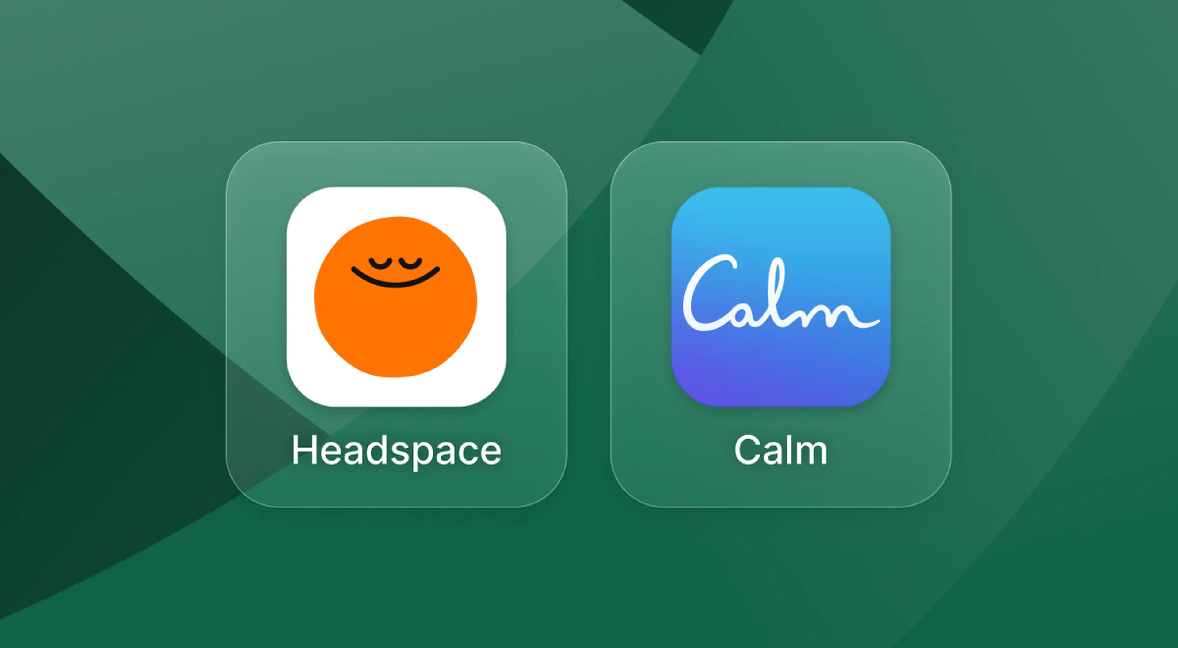 Headspace vs Calm meditation app icons displayed side by side on a dark green geometric background comparing two popular mindfulness and wellness apps