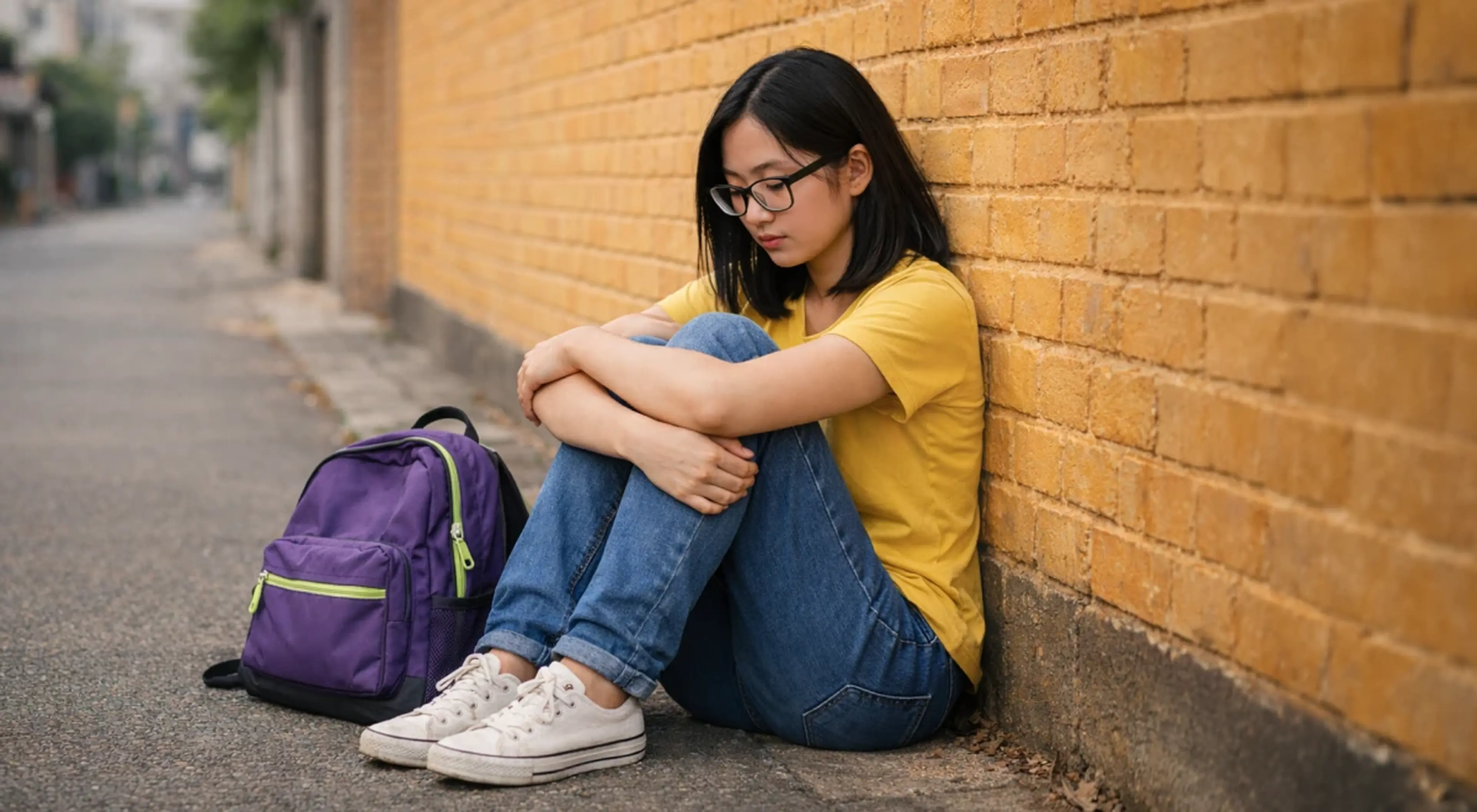 Teenage girl with glasses sitting alone against an orange brick wall outdoors, hugging her knees, with a purple backpack beside her, expressing insecurity and loneliness