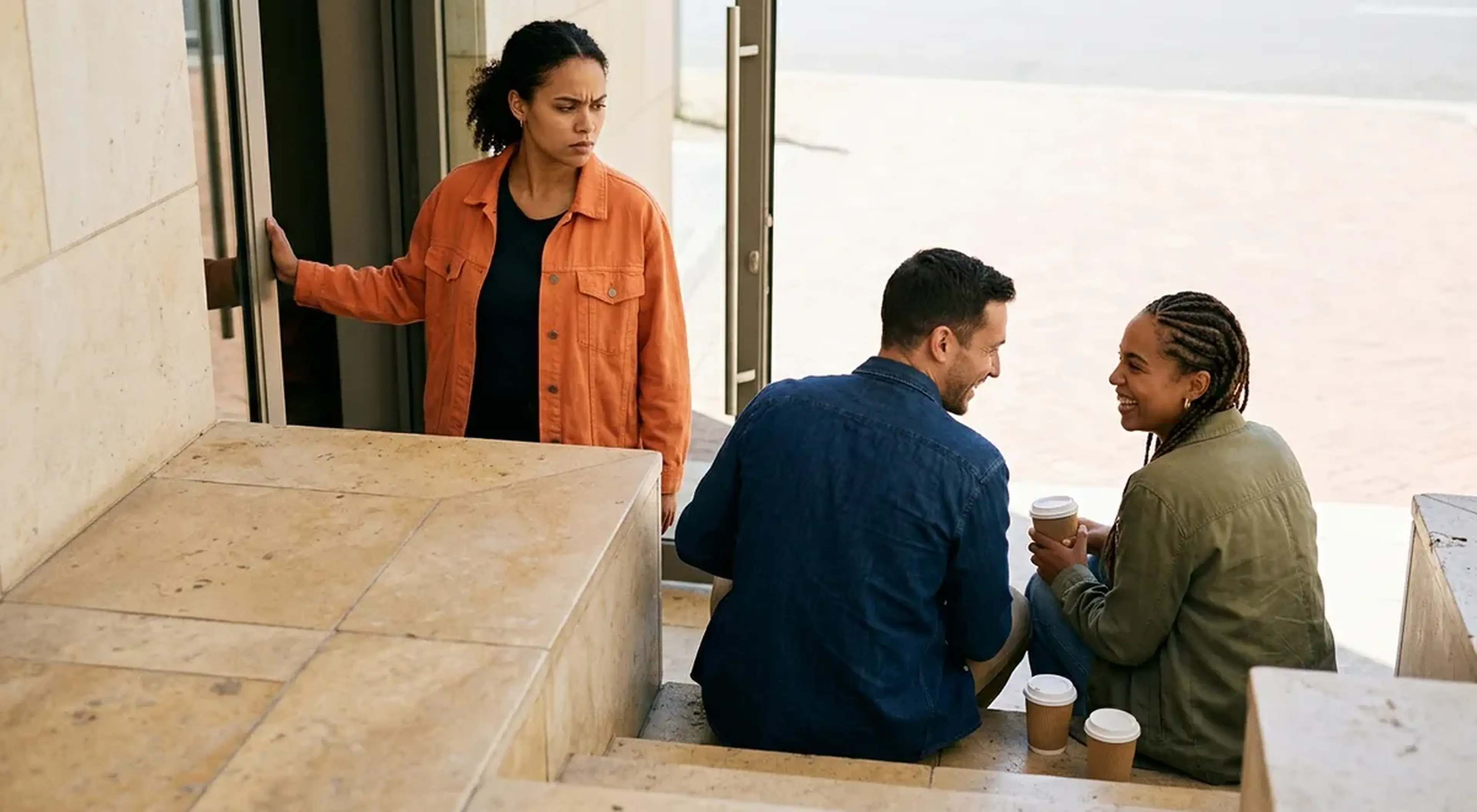 Woman at glass door watching a man and another woman laugh together on sun-warmed steps