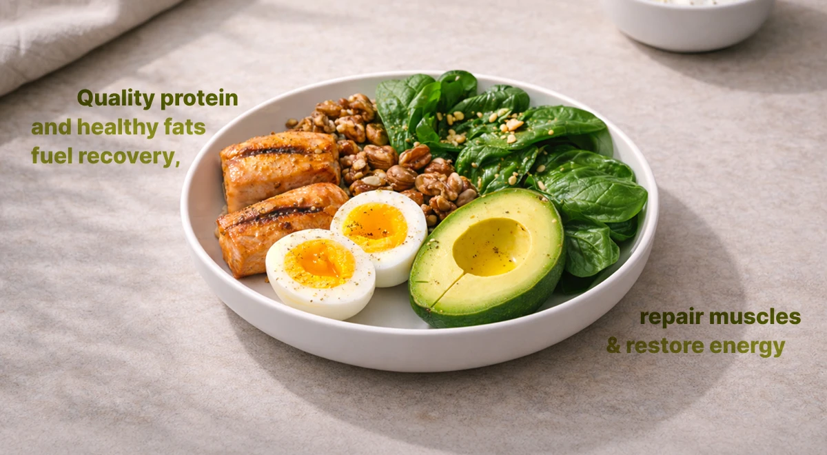 White bowl with hard-boiled eggs, avocado, spinach, walnuts, and grilled meat on a beige surface — protein-rich meal supporting recovery in a David Goggins daily routine