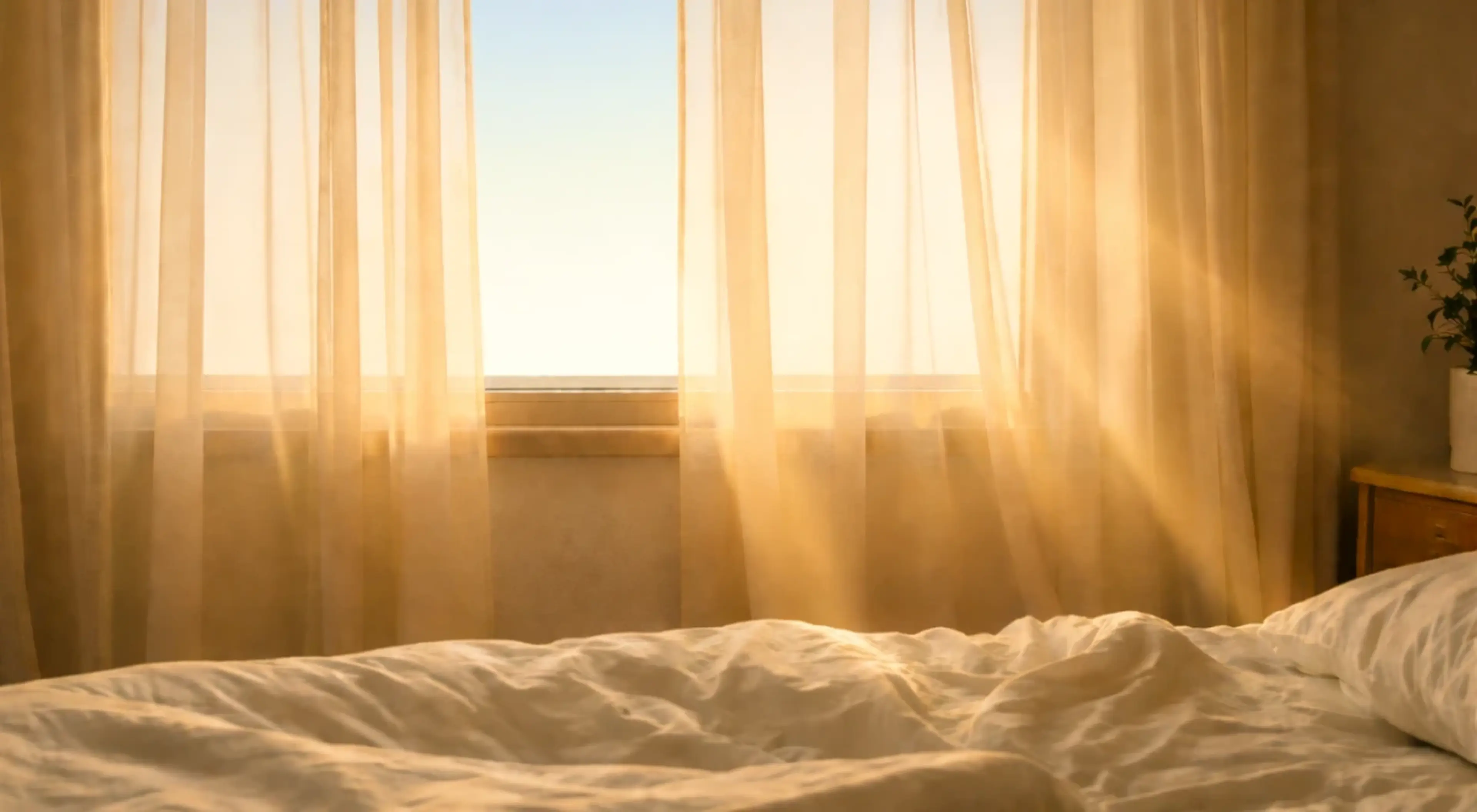 Sunlit bedroom with white unmade bed and warm golden light streaming through sheer curtains, evoking a peaceful morning routine and well being