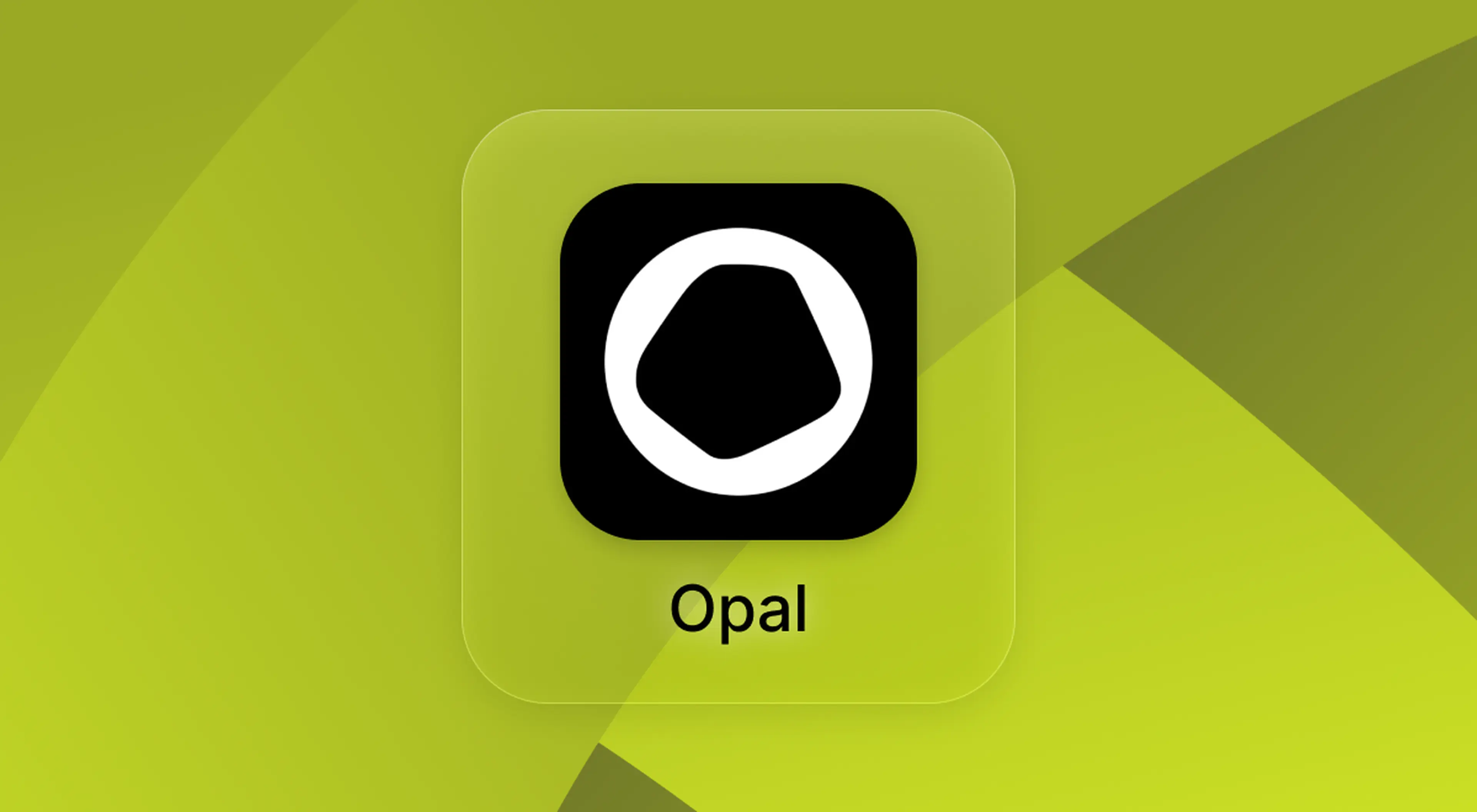 Opal app icon with a white abstract shape on a black rounded square, displayed on a lime green background with soft geometric patterns