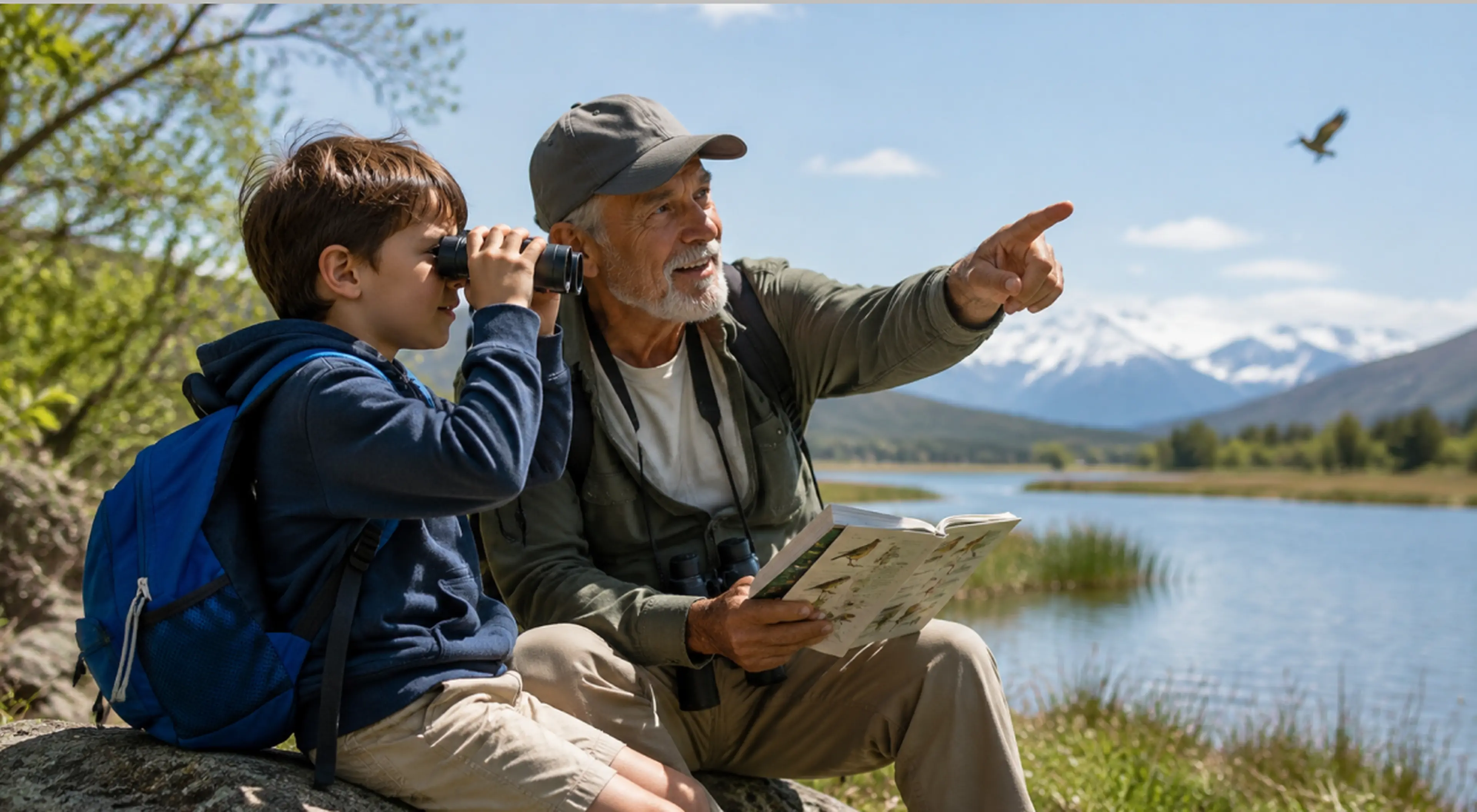 Grandfather pointing at a soaring bird while a boy with a blue backpack looks through binoculars by a lake, showing how learning changes across generations with snowy mountains behind
