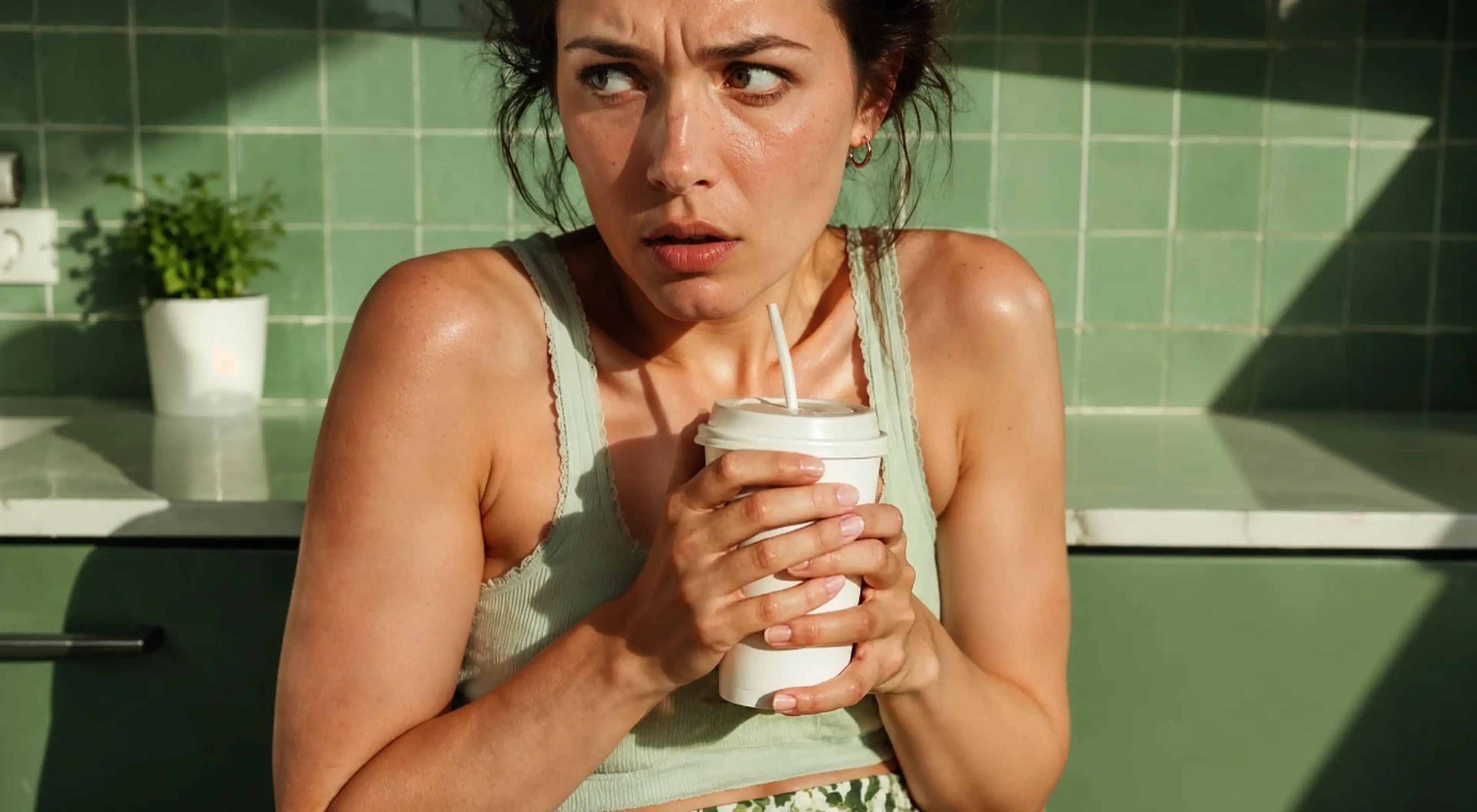 Anxious young woman in a green tank top clutching a takeaway cup with a straw, looking worried in a sunlit kitchen with green tiled walls and a potted plant in the background