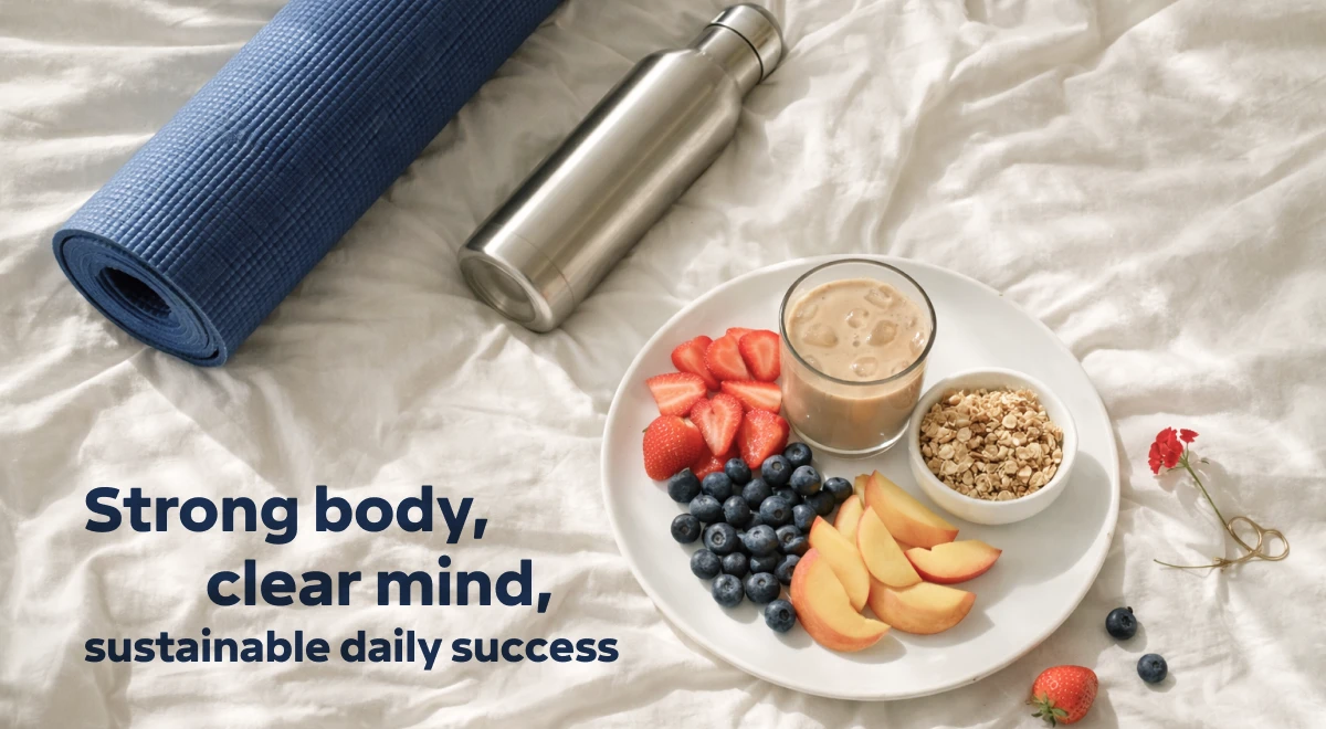 Blue yoga mat, steel water bottle, and healthy fruit plate with strawberries, blueberries, and granola on white linen supporting a health morning routine