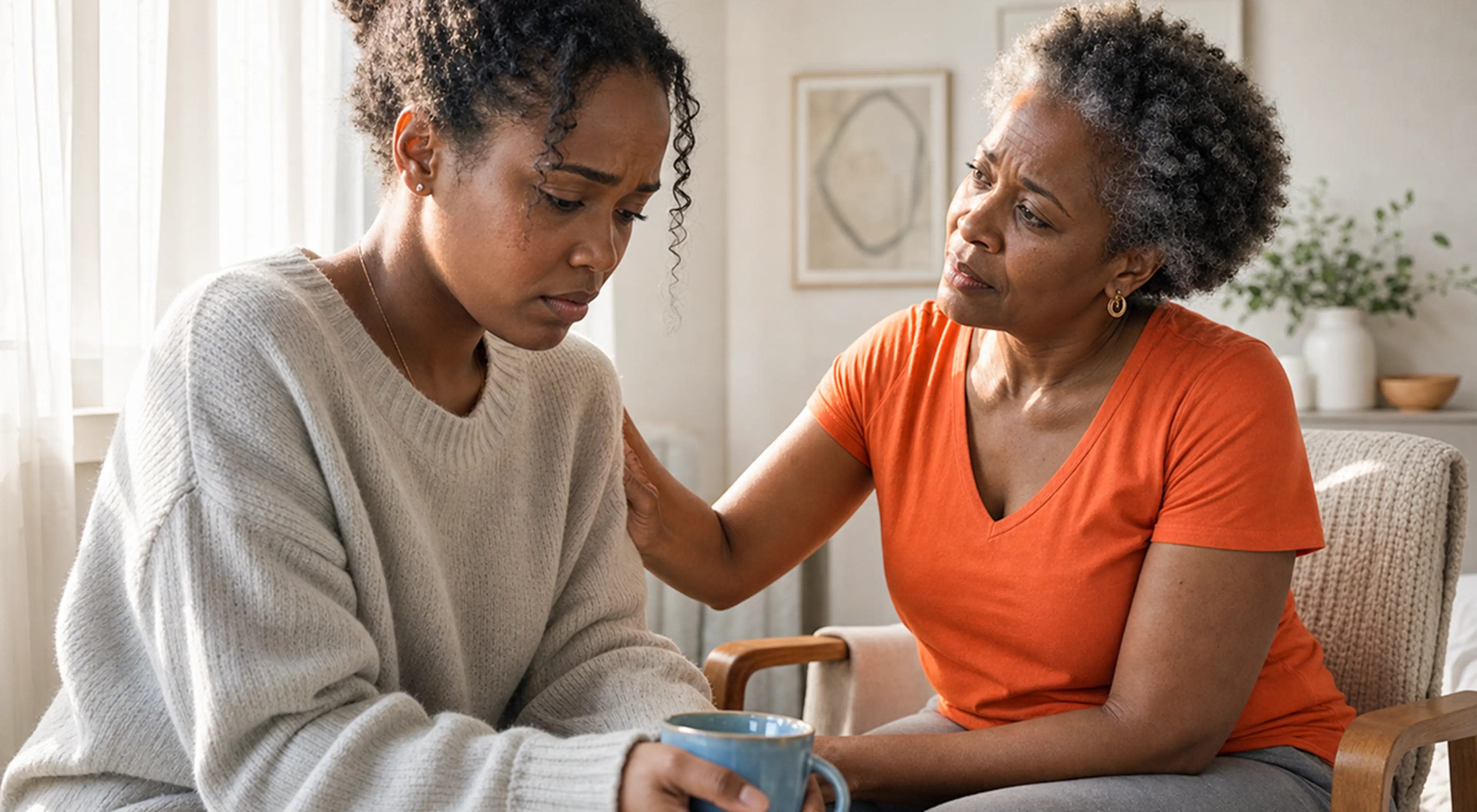 Older woman in an orange shirt comforts a distressed younger woman holding a blue mug, offering support during emotional distress and trauma blocking in a bright living room