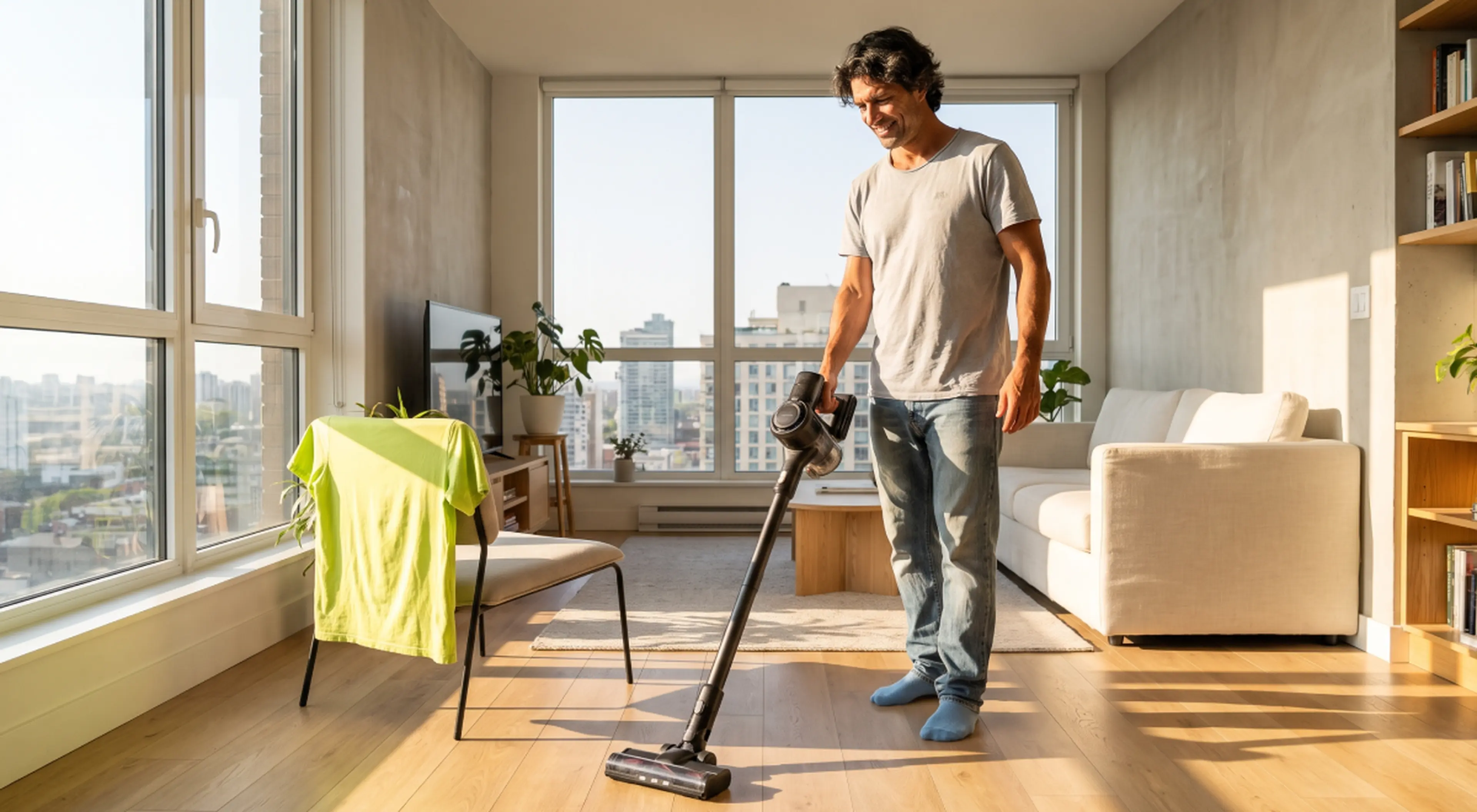 Smiling man in a t-shirt and jeans vacuuming the wooden floor of a bright modern apartment with city views, illustrating how to overcome procrastination by tackling everyday household chores